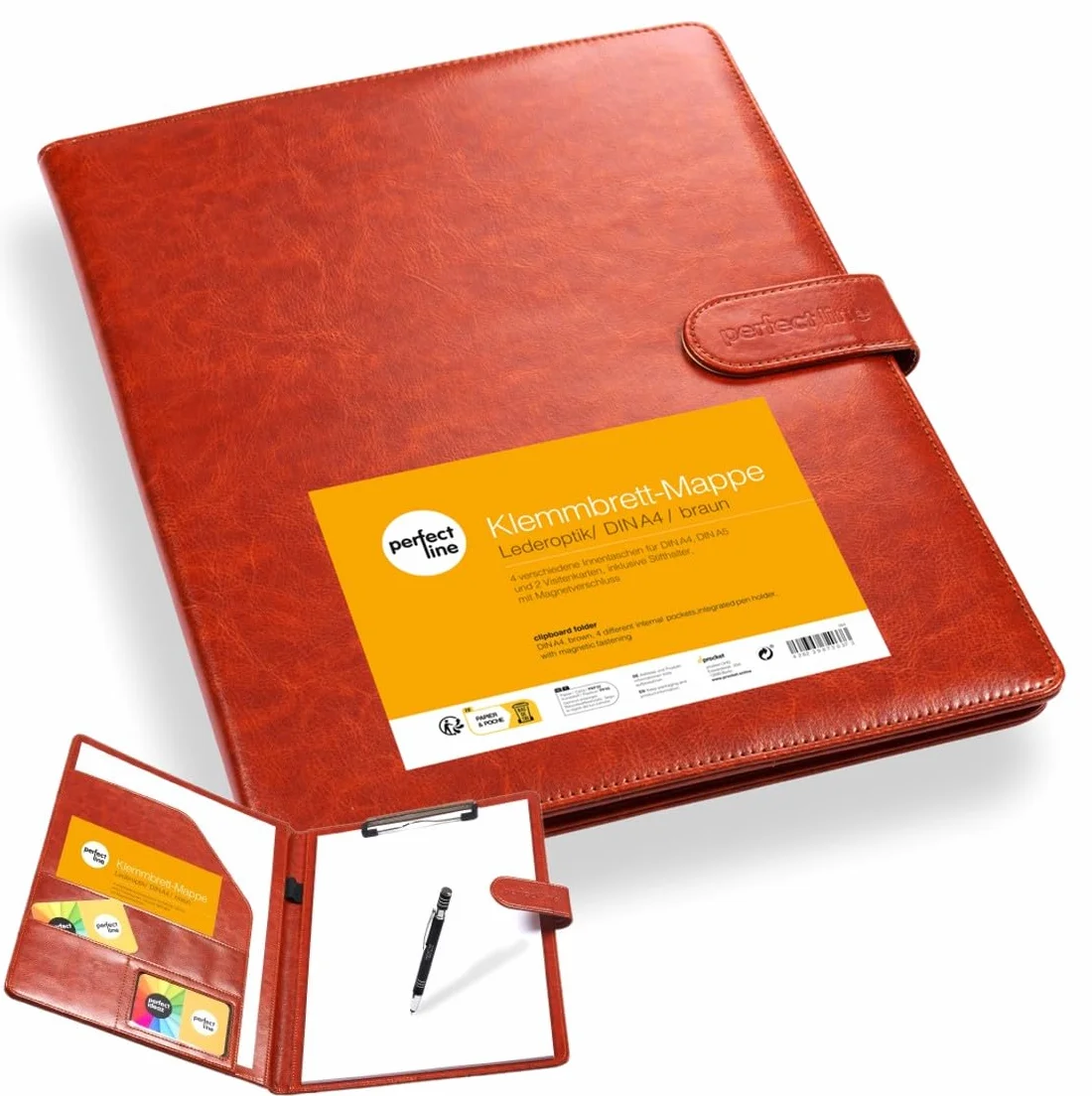 perfect line - Carpeta Portadocumentos Portapapeles DIN A4 con cierre magnético - De piel sintética resistente en elegante aspecto de piel - Carpeta de negocios premium en elegante color marrón
