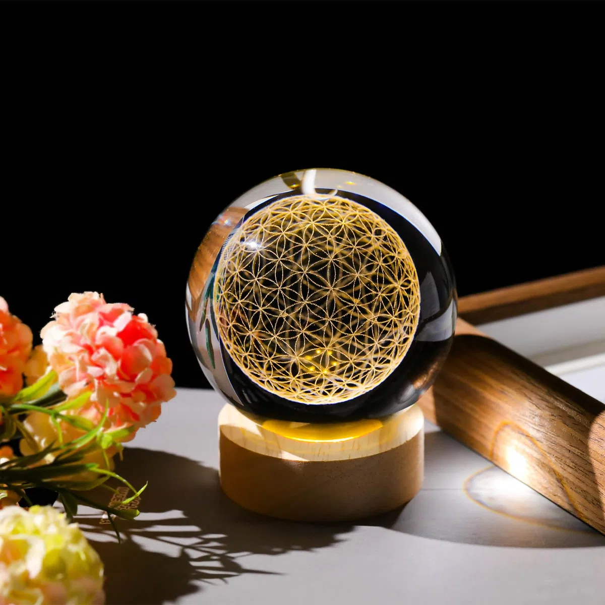 Arikyrist Bola de Cristal grabada en 3D, diseño de Flor de la Vida, Esfera de la Vida grabada con láser, decoración del hogar, Esfera de Cristal con geometría Sagrada, Adornos de pisapapeles, Regalos