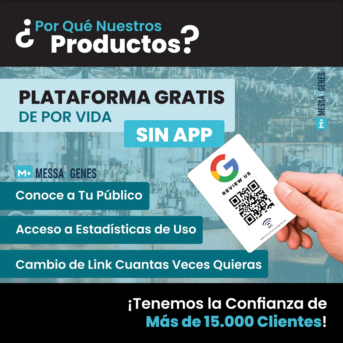 MESSAGENES - Tarjeta PVC con NFC y QR | Tarjeta para Conseguir Reseñas | Compatible con Google Business | 1 Unidad | QR Dinámico Editable | Analíticas de Escaneo | Sirve para iPhone y Android