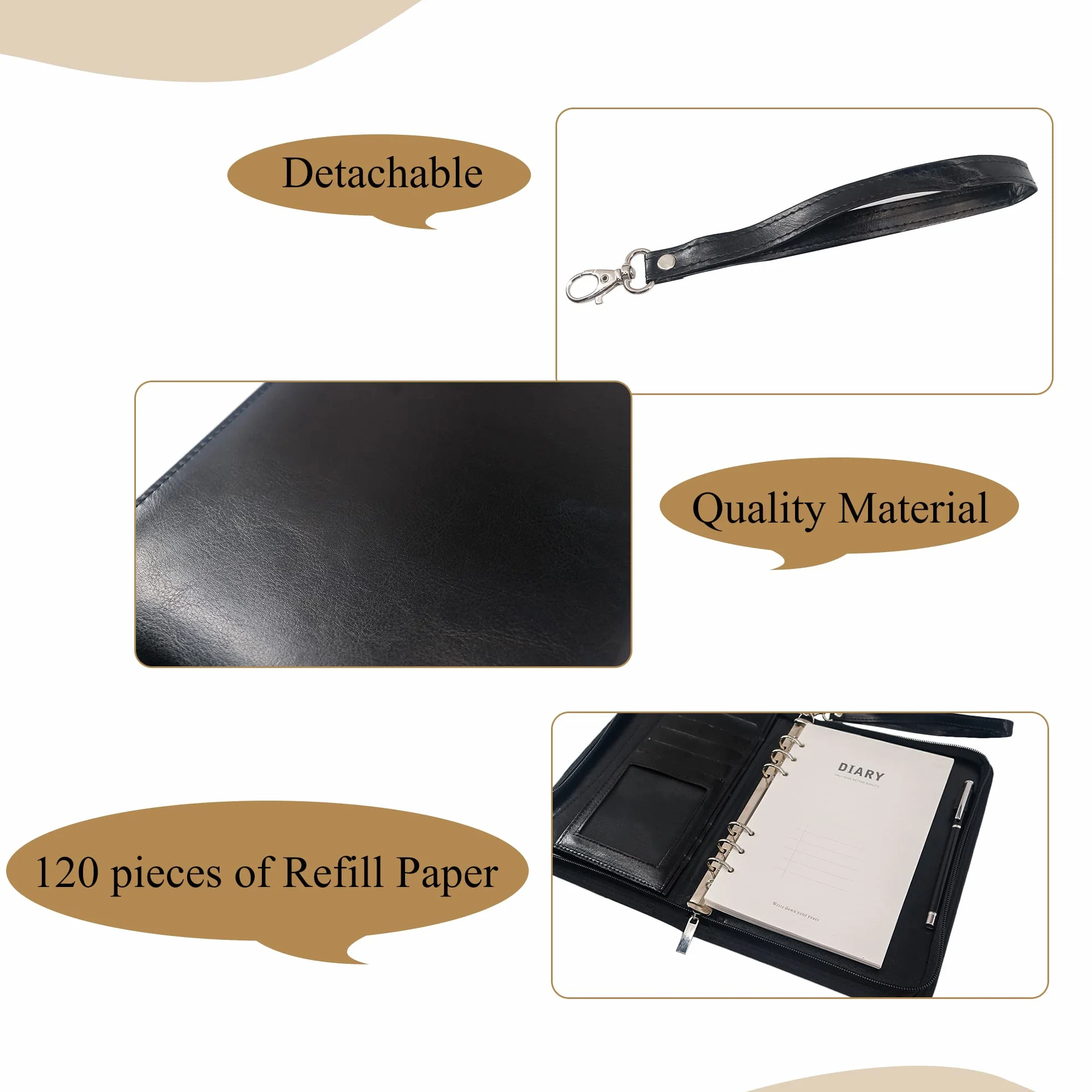 GraduationMall Carpeta de conferencias con cremallera A5 con carpeta de anillos, carpeta de viaje de negocios con páginas recargables, organizador de trabajo portátil, color negro