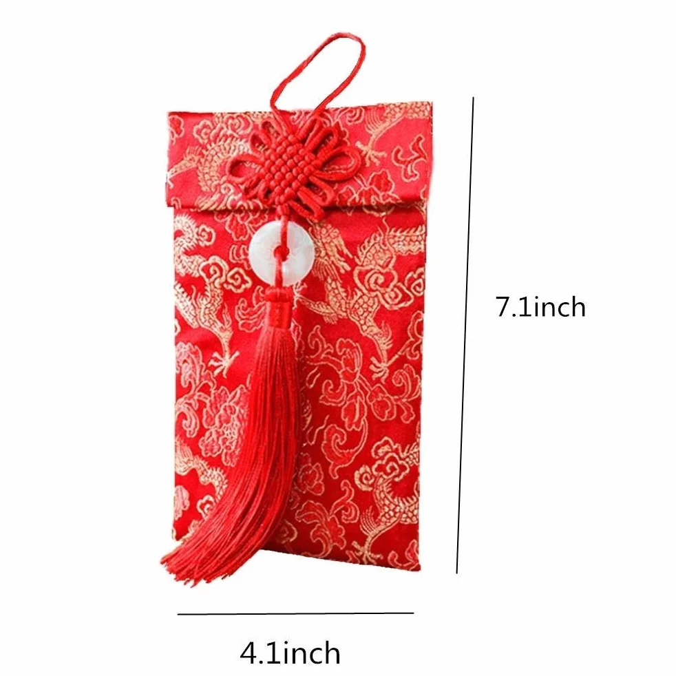 4 sobres rojos de seda china, sobres rojos con elementos de dragón chino de la suerte para bodas, Año Nuevo, bolsillos rojos para dinero, aproximadamente puede contener 100 hojas, 4 estilos
