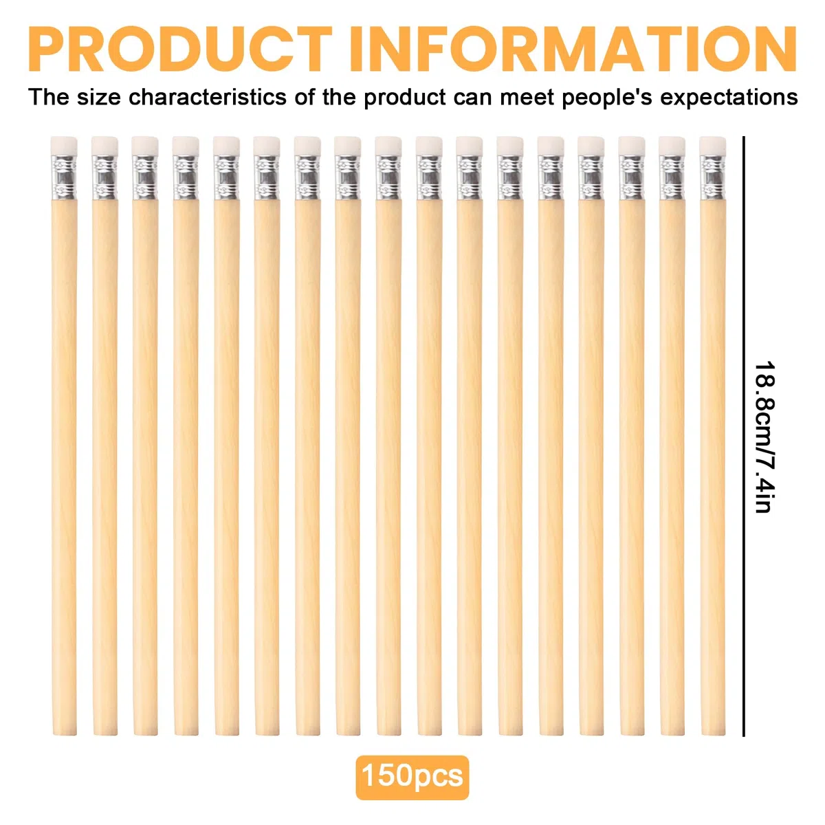Lápices HB 150 unidades de lápices de madera con goma de borrar, 18,8 cm x 0,7 cm, madera natural, juego de lápices HB para niños, estudiantes, oficina, material escolar