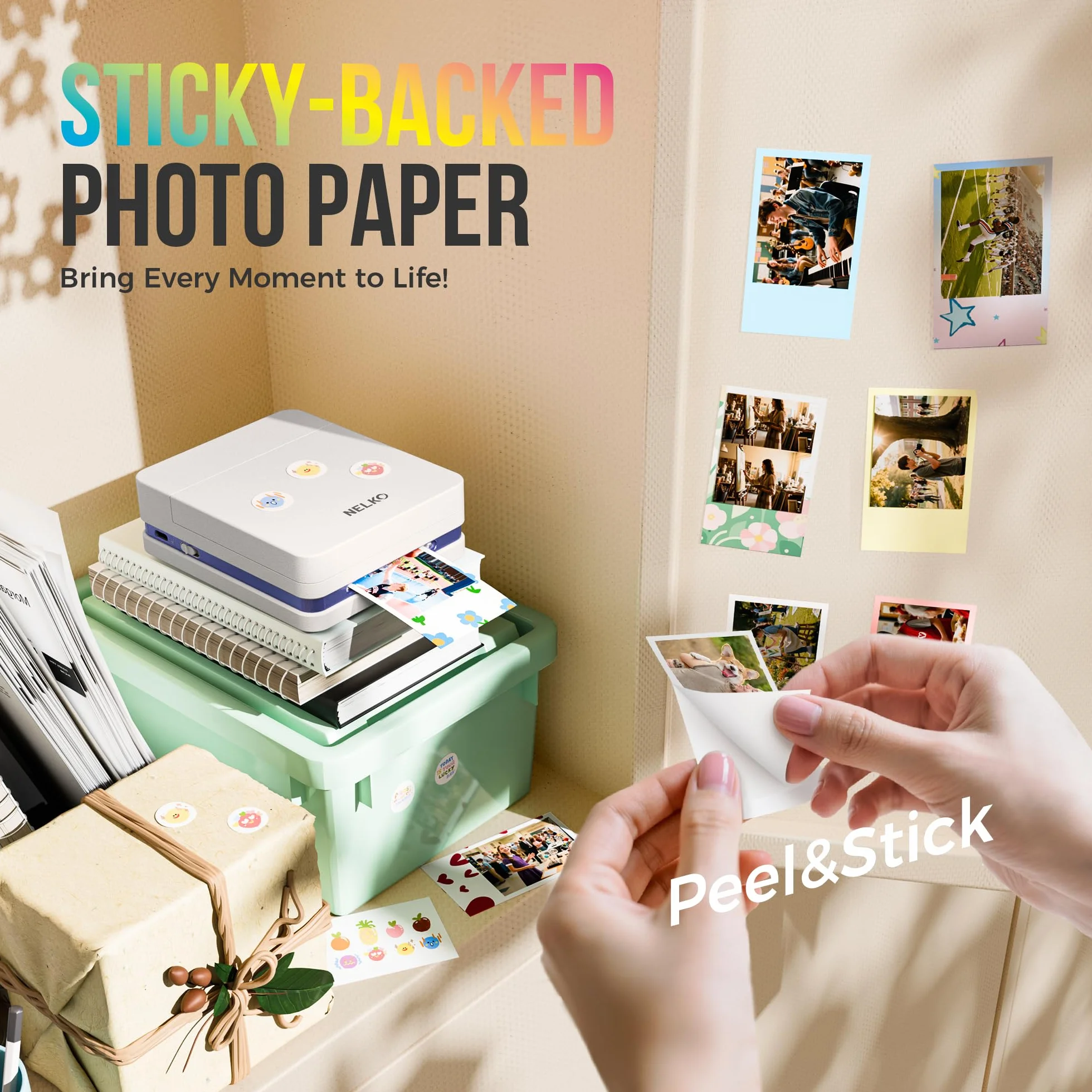 Nelko 52,3x90mm Papel Fotográfico Premium, Paquete de 20 Papel Original para Impresora de Bolsillo PP01, Sticky Back Picture Paper, Compatible with Nelko PP01 Photo Printer, Easy to Peel Off, Pop Fun