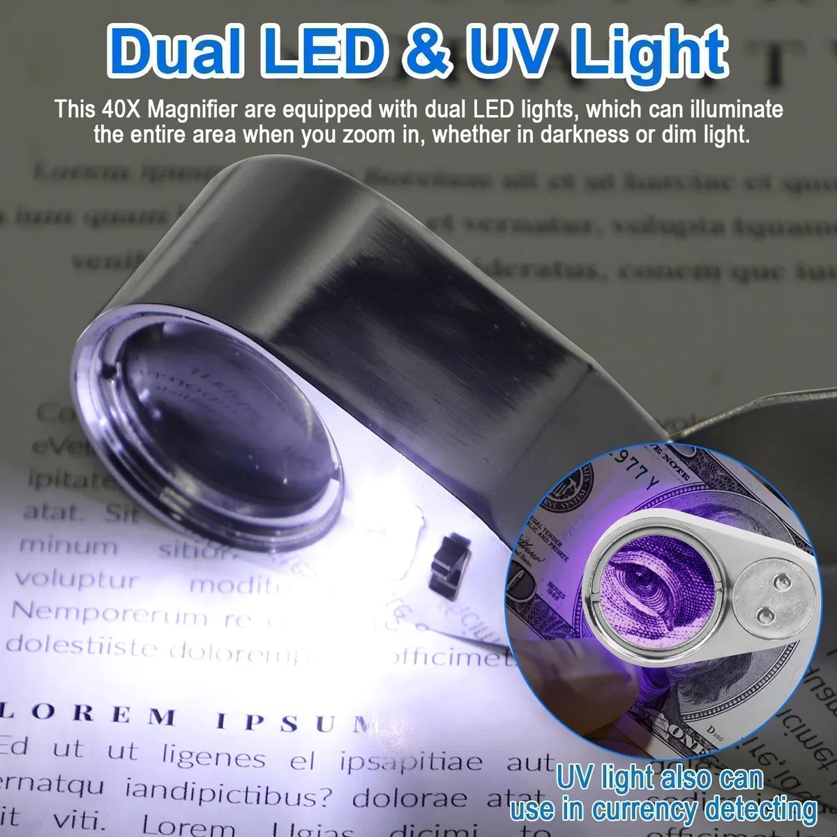 EEEKit Lupas 30X 40X 60X, 2PCS Lupa con Luz UV y LED, Plegable Lupa de Joyero para Lectura Soldadura Inspección Exploración