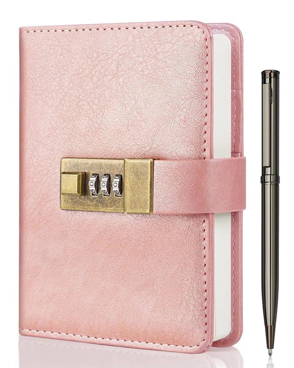 WEMATE Diario A6 con cerradura, diario vintage de piel sintética con 240 páginas, bolígrafo y caja de regalo, perfecto para hombres y mujeres, 4.3 x 6.2 pulgadas, oro rosa