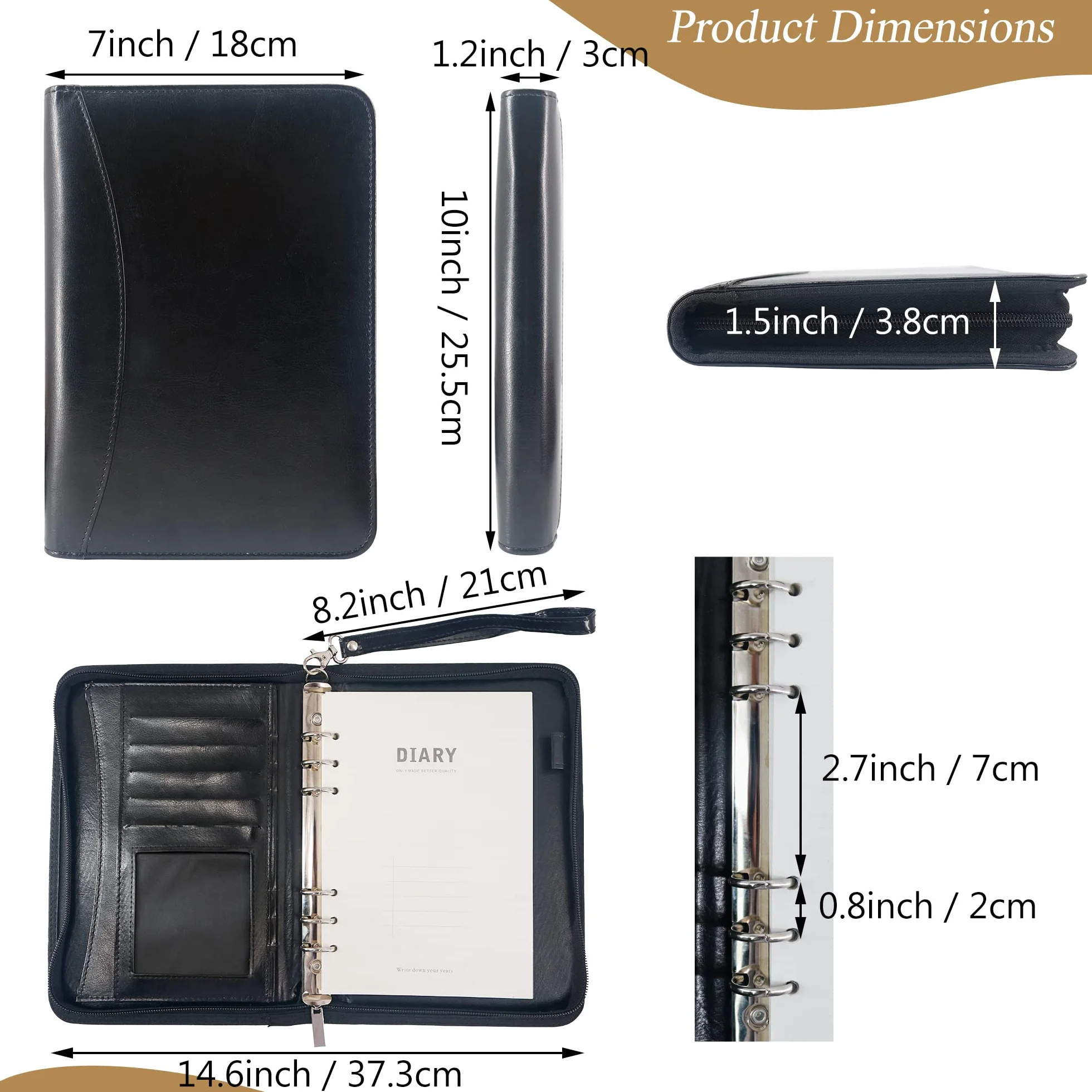 GraduationMall Carpeta de conferencias con cremallera A5 con carpeta de anillos, carpeta de viaje de negocios con páginas recargables, organizador de trabajo portátil, color negro