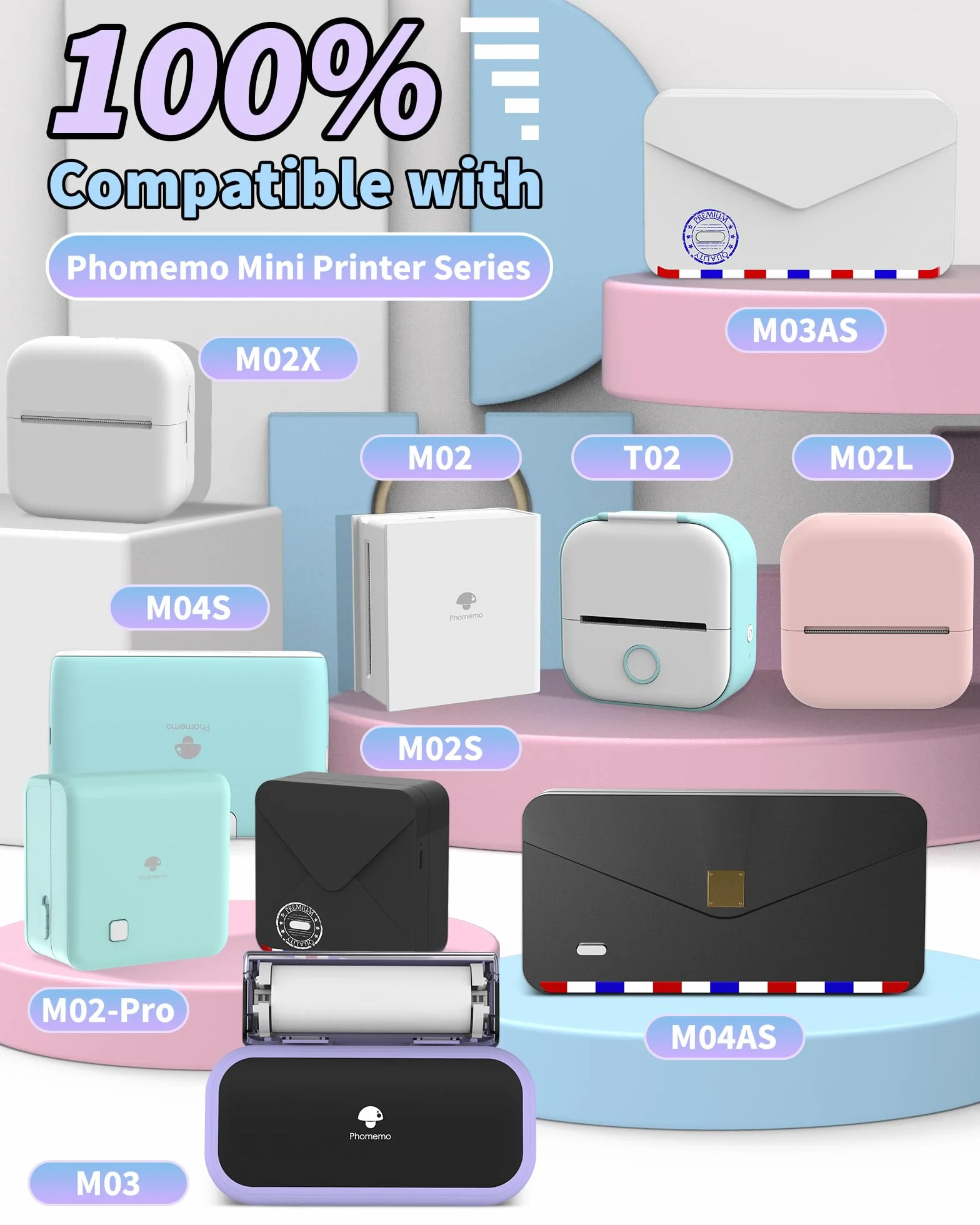 Phomemo Papel Térmico Autoadhesivo, Rosa Claro, Morado Claro, Azul, para Impresora Térmica Portátil Phomemo M02, M02PRO, M02S, M03, M03AS, M04S, M04AS, 53 mm x 3,5 mm, 3 Rollos