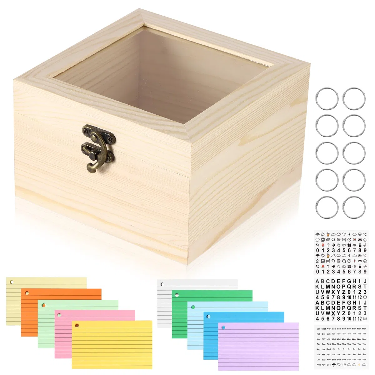 Juego de cajas para tarjetas, caja de recetas de madera, 5 x 3, soporte para tarjetas con 500 fichas de colores, tarjetas de aprendizaje, notas de recetas, contactos de oficina, bandeja para
