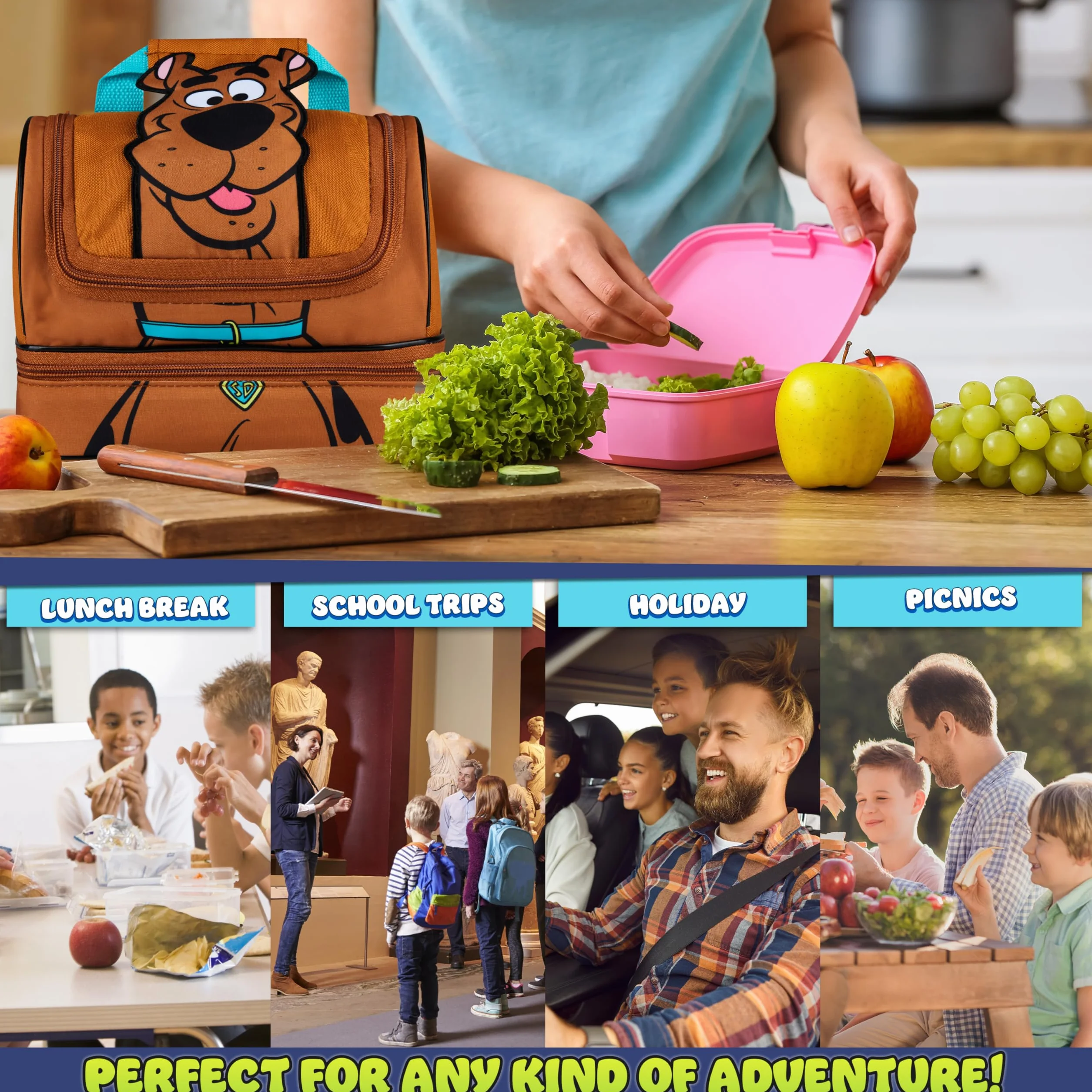 Get Trend Scooby Doo Bolsa Termica Porta Alimentos Infantil Bolsa Almuerzo con Compartimentos Nevera Bolso para Escuela Picnic Viajar (Marrón Scooby Doo)