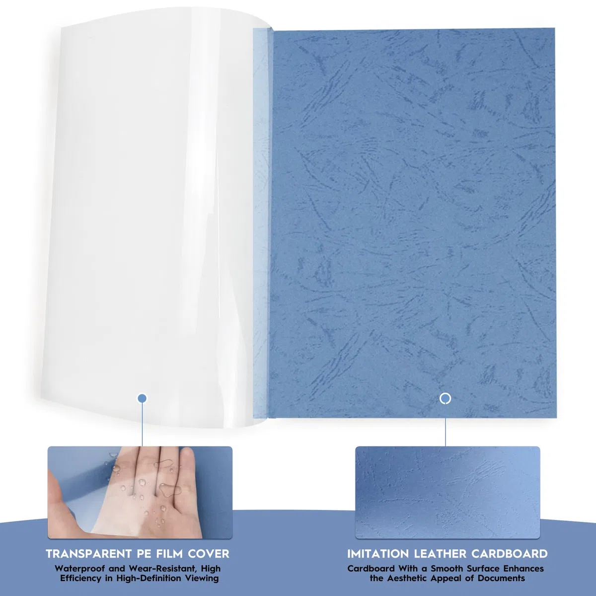 Carpetas térmicas A4 de PVC – 15 hojas con tapa, 3 mm (16-25), 6 mm (36-50), 8 mm (51-70) – Azul
