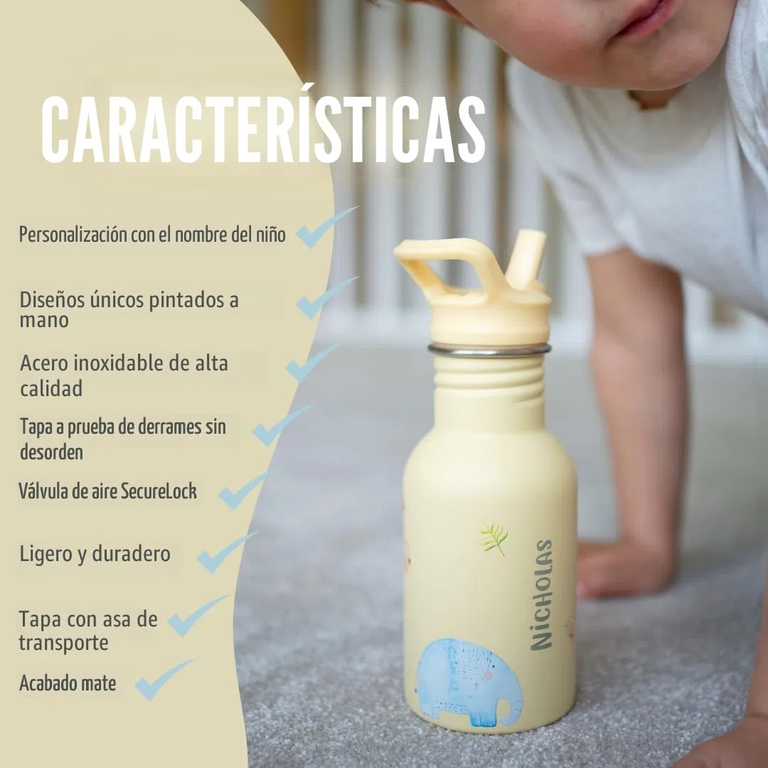 Botella personalizada con pajita para niños J.Børn 350 ml | Diseños pintados a mano | Botella de acero inoxidable apta para uso alimentario para niños | Botella de agua ligera para el colegio
