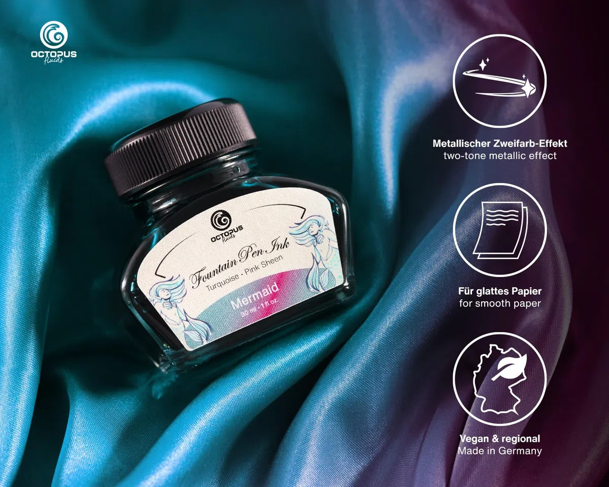 Tinta para pluma estilográfica Octopus Fluids Mermaid Sheen Ink Glass Sheen Ink Petrol, 30 ml