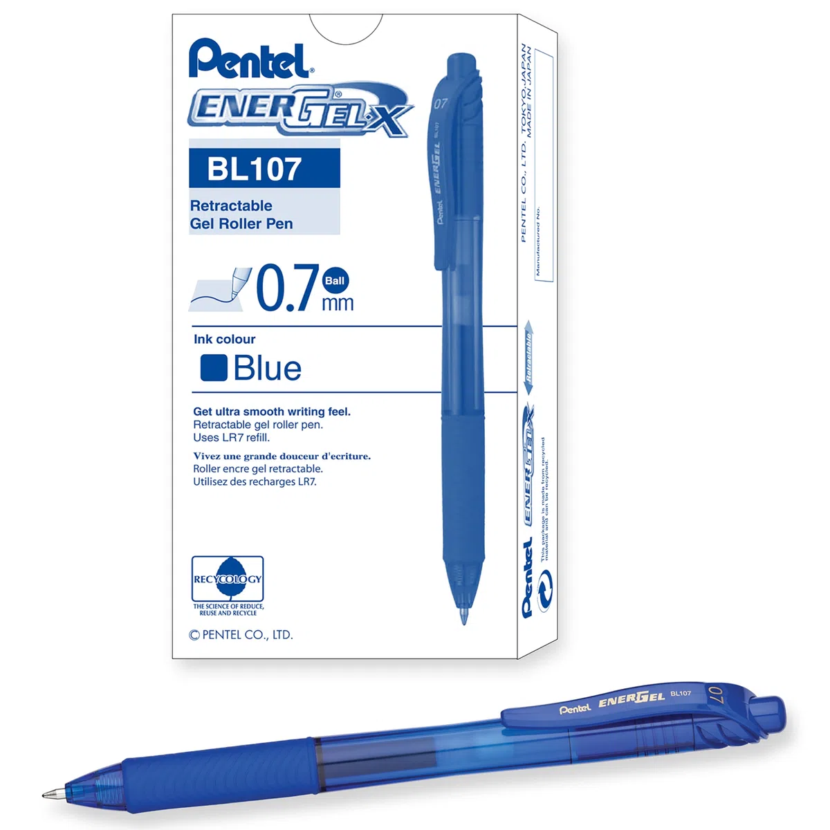 Pentel Energel X BL107 - Retráctil Líquido Gel Bolígrafo - 0.7mm - 84% Recicladas - Azul - Caja de 12