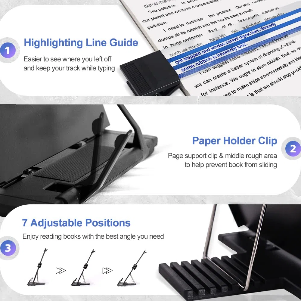 Soporte para documentos de escritorio con 7 posiciones ajustables, organizador de archivos de metal negro para escribir discurso, lectura de discursos, cartas, libros de música, tabletas, oficina, con