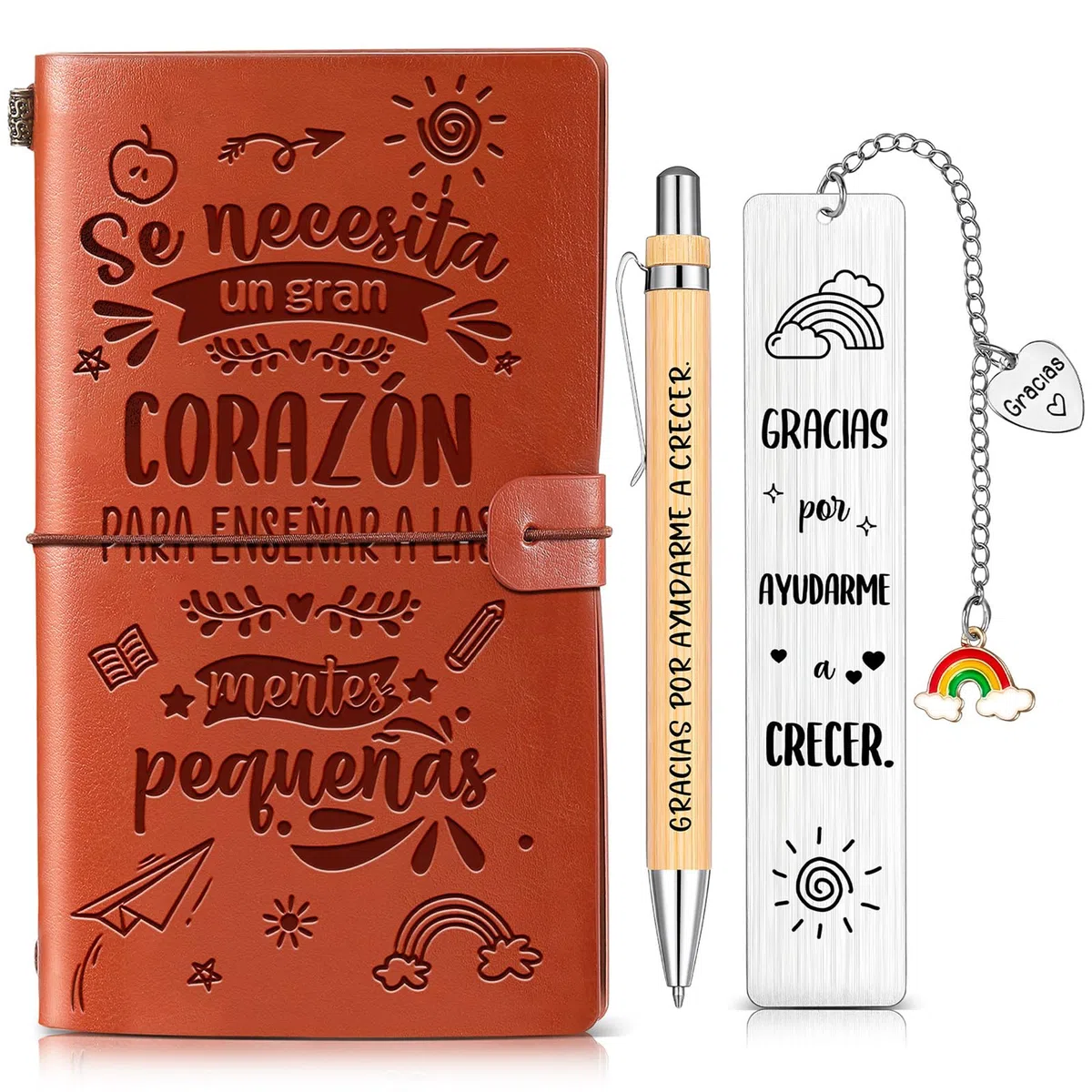 Clabby 3 Regalos de Profesores para Fin de Curso Incluye Cuaderno con Tapa de Cuero, Marcador de Libros Creativo para Profesores Bolígrafo de Madera Grabado de Agradecimiento para Maestras Graduación