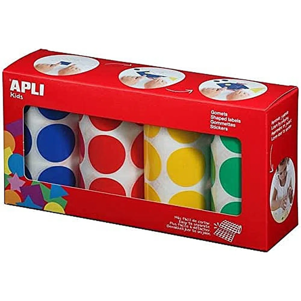APLI Kids 14769 - Pack rollos de gomets redondos Ø 33 mm amarillo, azul, rojo y verde 4 u.