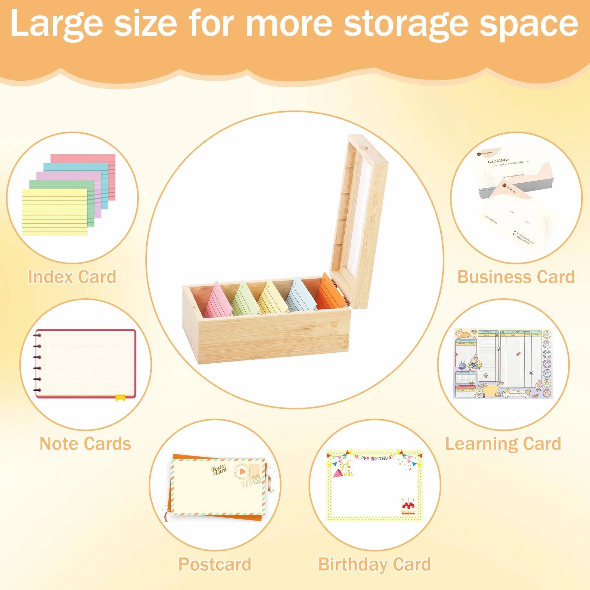 Organizador de Tarjetas de Madera con 5 Compartimentos y Tapa Transparente - Caja para Fichas A8 Extraíble (22x13x9 cm) para Oficina, Escuela, Hogar