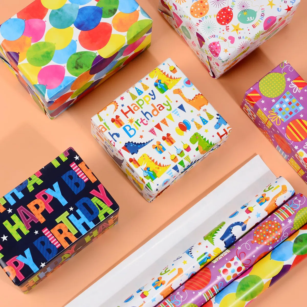CHEPULA Papel de Regalo Cumpleaños 5 Rollos, 43 cm x 300 cm Papel Regalo para Niños Adultos, Reciclable Gift Wrapping Paper para Todas las Ocasiones de Cumpleaños