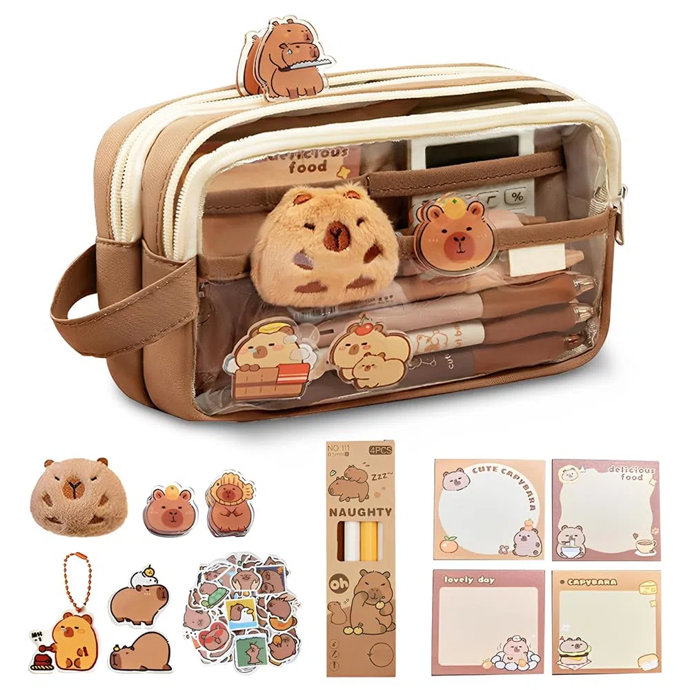 30 Piezas Juego de Papelería Capybara, Estuche para Lápices de Capybara, Estuche Capibara Papeleria, Set de Papelería Capibara con Lápices, Pegatinas, Broches, Regalo de Papelería para Niños