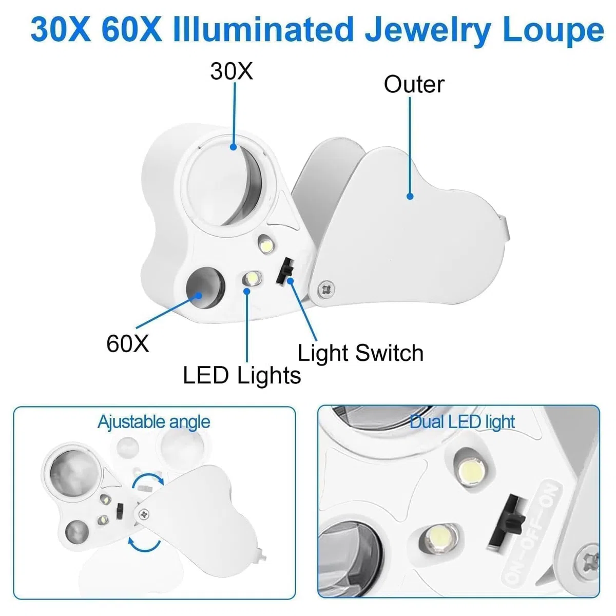 EEEKit Lupas 30X 40X 60X, 2PCS Lupa con Luz UV y LED, Plegable Lupa de Joyero para Lectura Soldadura Inspección Exploración