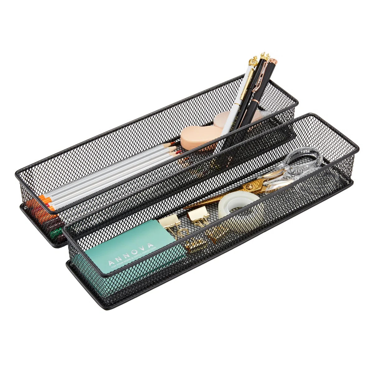 Annova Organizador de malla para cajones y estantes, cesta de almacenamiento, bandeja de almacenamiento para suministros de oficina escolar, juego de 2 (negro, 30x7.5x5cm)