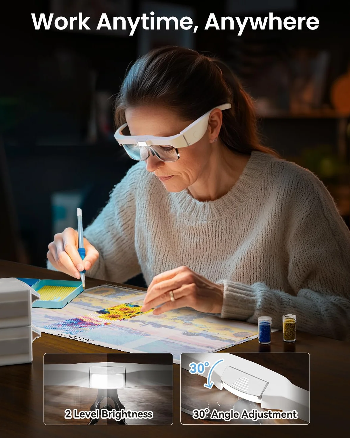 ARTDOT Gafas Lupa con Luz LED para Manualidades, Lupas de Gran Aumento con Luz de 3 LED y 5 Lentes (0.75X a 4.0X) para Diamond Painting Kits, Accesorios Pintura de Diamante para Adultos
