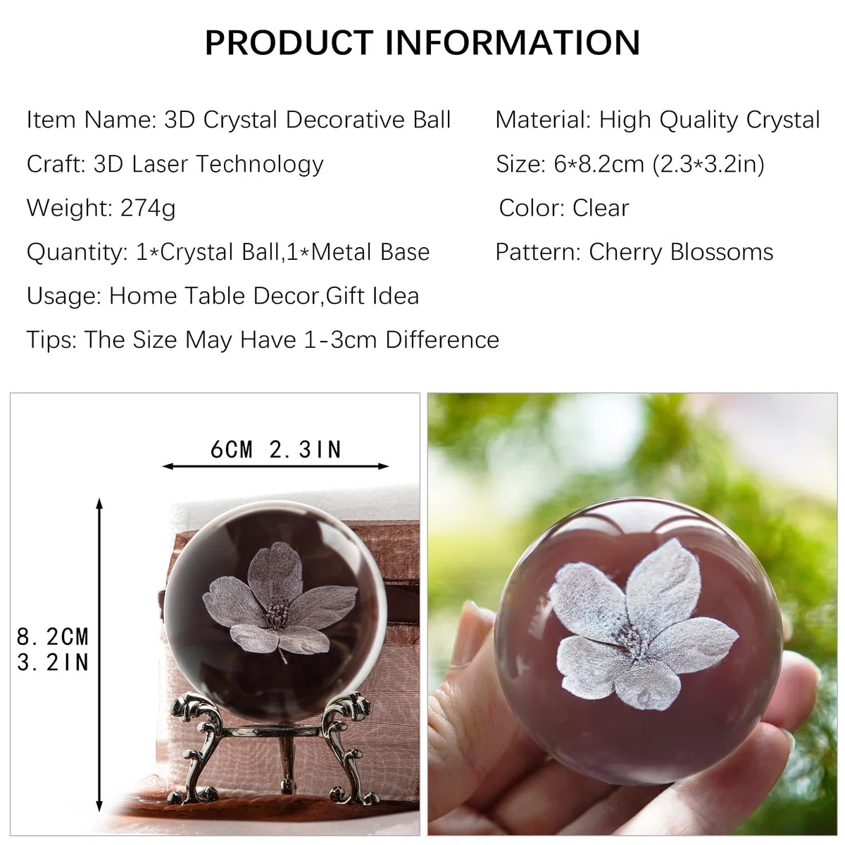 HDCRYSTALGIFTS Figura de bola de cristal de flores 3D de 60 mm, regalos para mujeres y hombres, bola de cristal grabada con láser de cerezo, flor de cerezo, bola de cristal Sakura con soporte