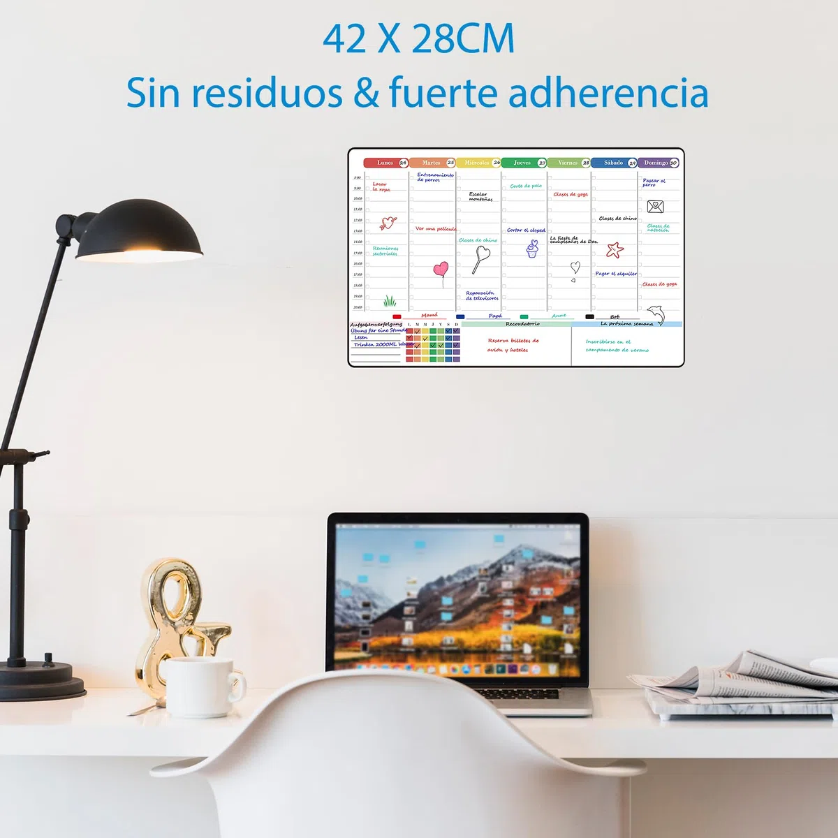 POPRUN Pizarra Blanca Adhesiva 42 x 28 cm, Planificador Semanal Pared, Weekly Planner Whiteboard Para Hogar, Cocina, Oficina y Estudio - Versión en Español
