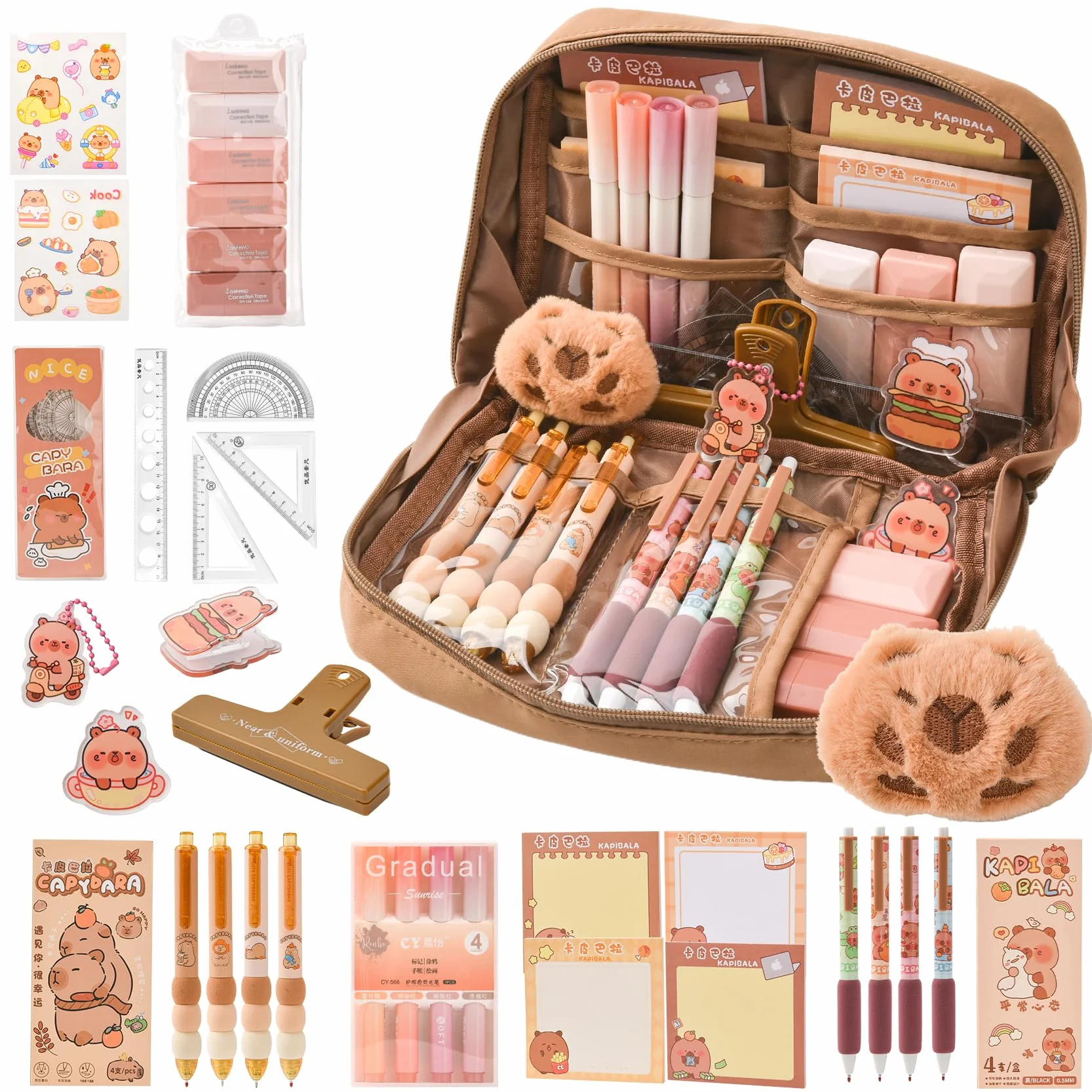 Capybara - Kit de Escolar Capibara – Set de Regalo Bonito para Niños & Estudiantes, Incluye Bolígrafos, Clips, Reglas – Organizado para Colegio, Oficina, Arte