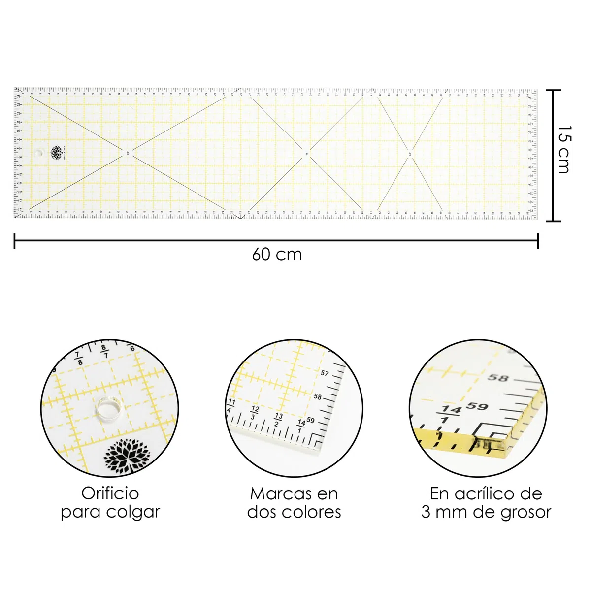 OfficeTree Regle Patchwork Costura 60 cm x 15 cm – Regla de costura de 60 cm – Regla Patchwork – Regla de corte japonés