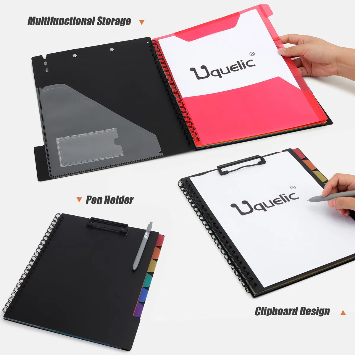 Uquelic Carpeta Portapapeles A4 con Almacenaje, Organizador de Proyecto con 6 Bolsillos de Doble Cara y Bolsillo con Cremallera, Carpeta Plástica para Oficina y Escuela
