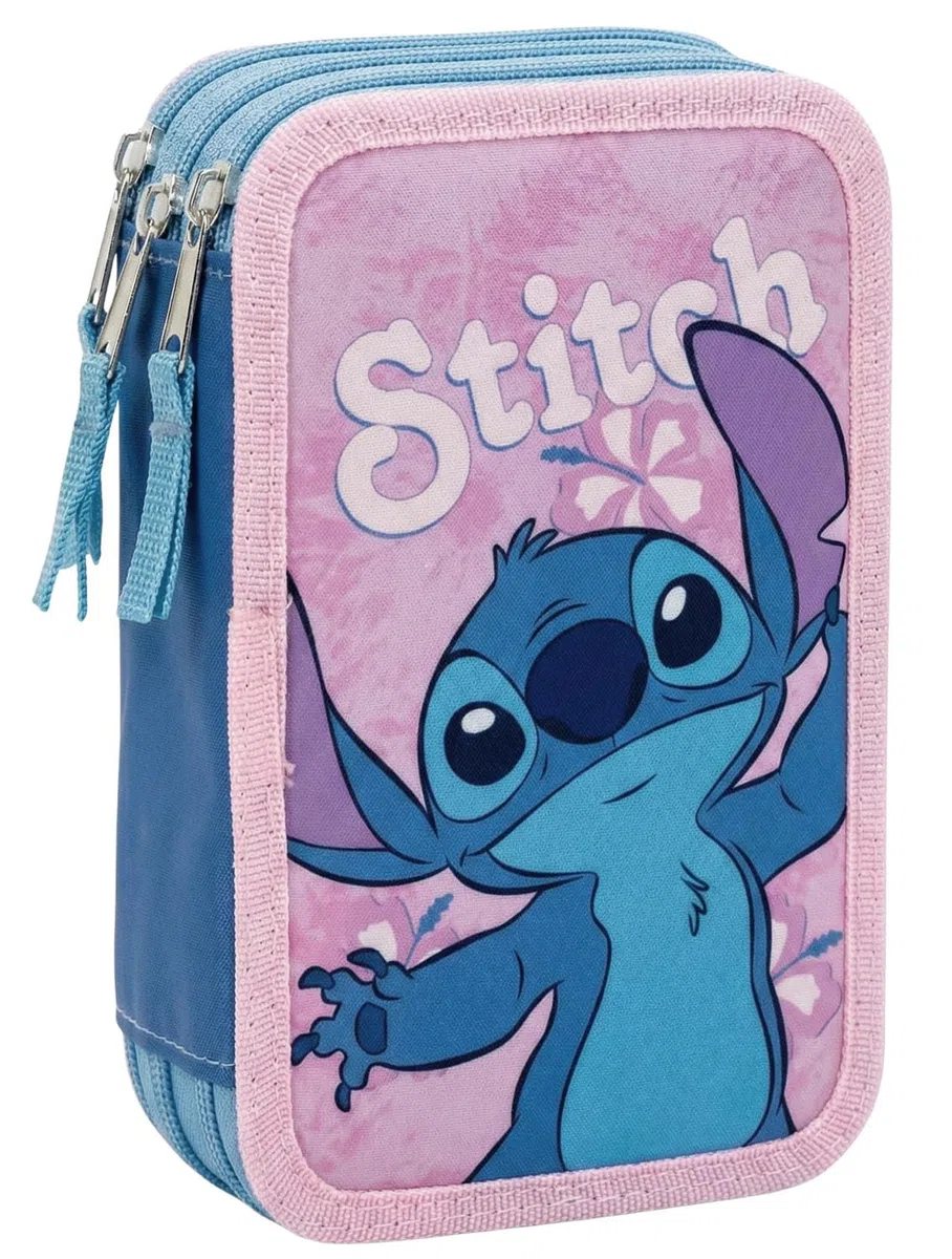 Plumier Escolar Triple 44 Piezas – para Stitch Fan – Estuche 3 Cremalleras Azul con Lápices, Rotuladores y Accesorios – Idea Regalo Niña – Gadget Oficial
