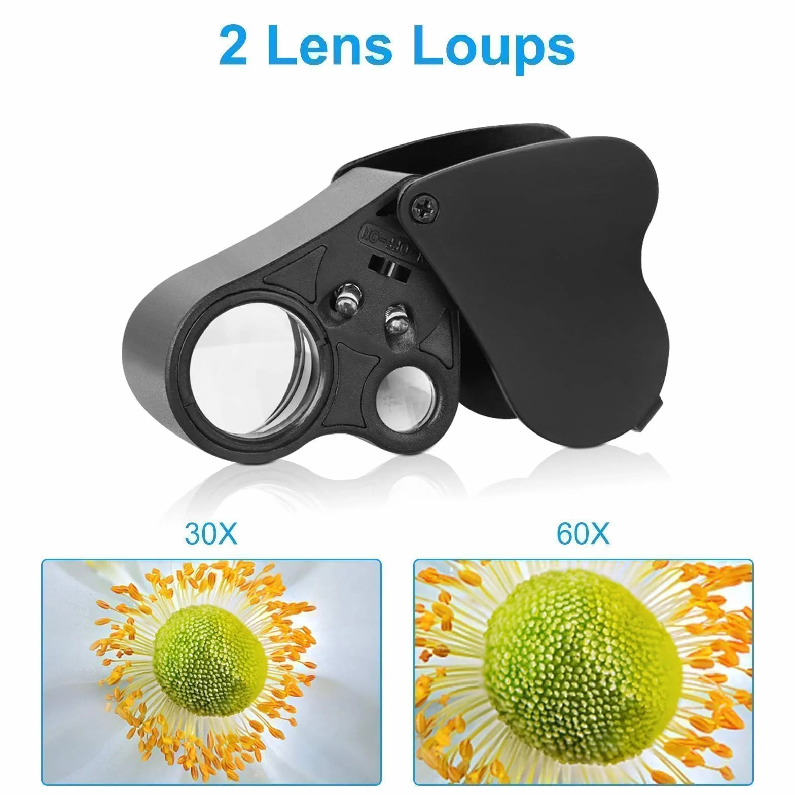 EEEKit Lupa de Joyero LED con Luz, 30X 60X 90X, 2 Piezas Lupa de Bolsillo Iluminada para Inspección de Monedas, Sellos, Piedras, Plantas