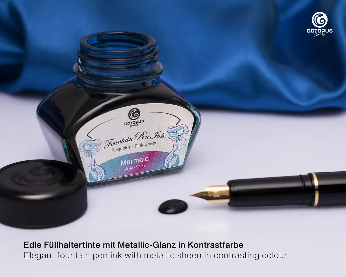 Tinta para pluma estilográfica Octopus Fluids Mermaid Sheen Ink Glass Sheen Ink Petrol, 30 ml