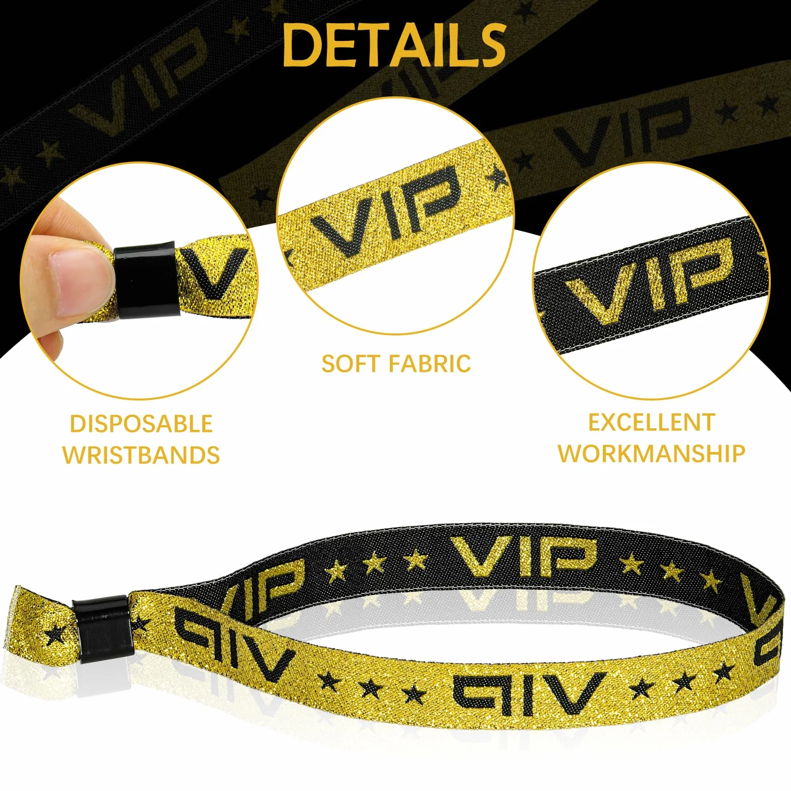 JIANTA 60 VIP Pulsera Tela Admisión, Personalizadas Fiesta Cintas Identificativas de Oro Negro para Conciertos, Exposición, Eventos, Club