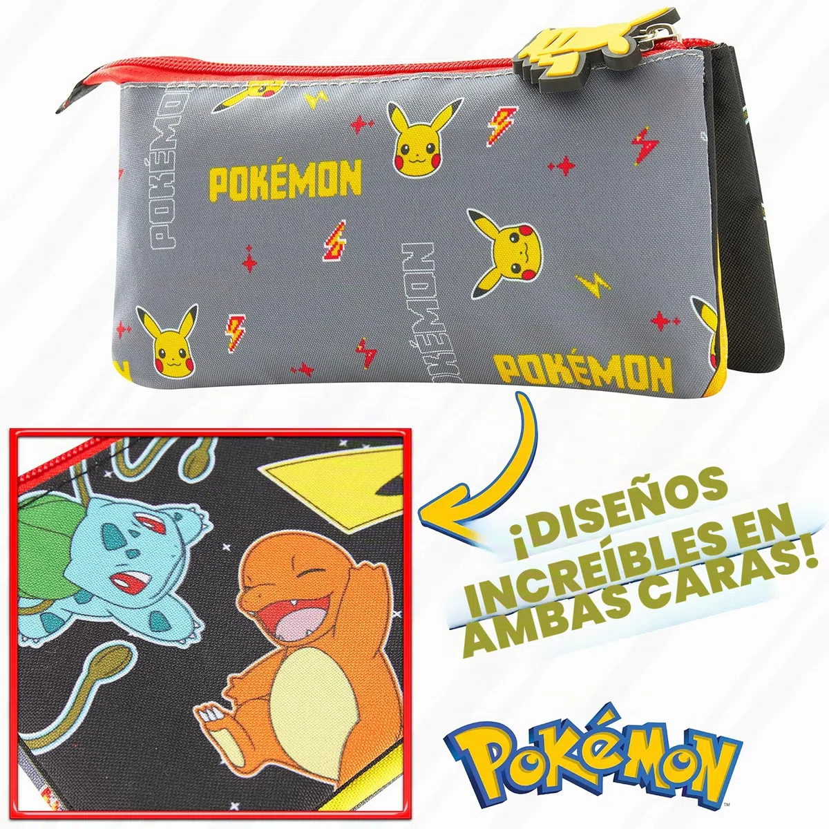Pokémon Estuche Escolar 3 Compartimentos para Niños Pikachu