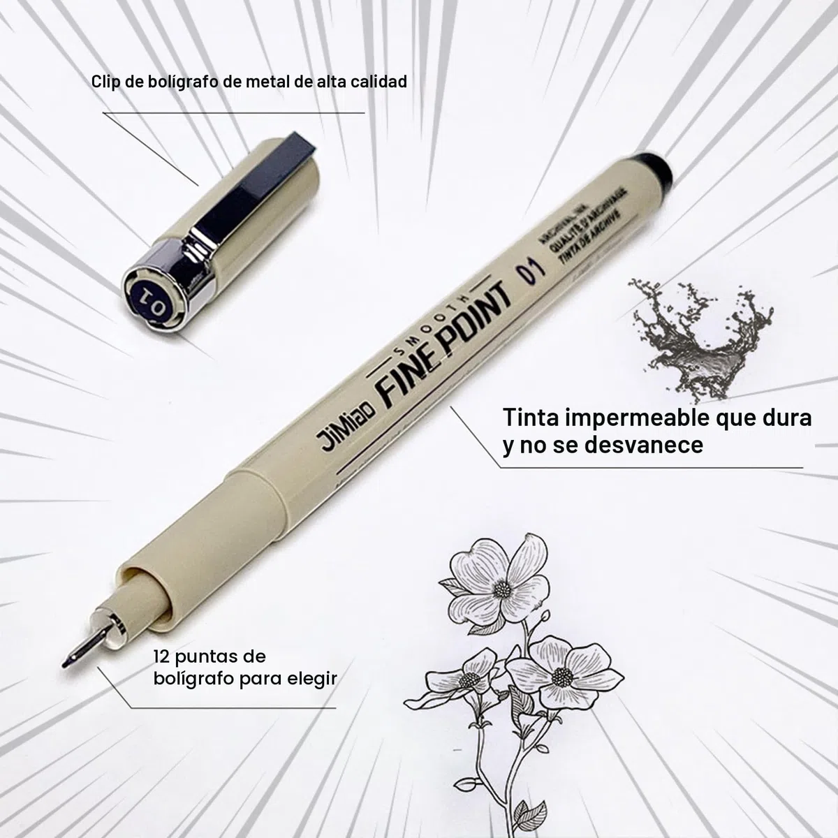 Rierousy Micron Fineliner Bolígrafos, 12 piezas Negro Juego con 12 Diferentes Anchos de Línea, Fineliner set para la Ilustración, Bocetos
