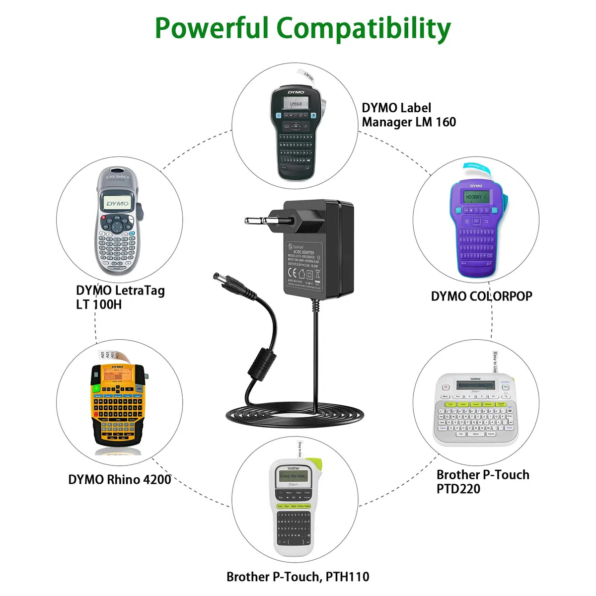 9V 2A Adaptador de alimentación para Dymo LabelManager LM 160 LM 220P LM 210D LM 500TS Rhino 6000 5200 LetraTag LT 100H Plus 100T Plus, para Brother P-Touch PTH110 PT-D210 Label Maker Printer