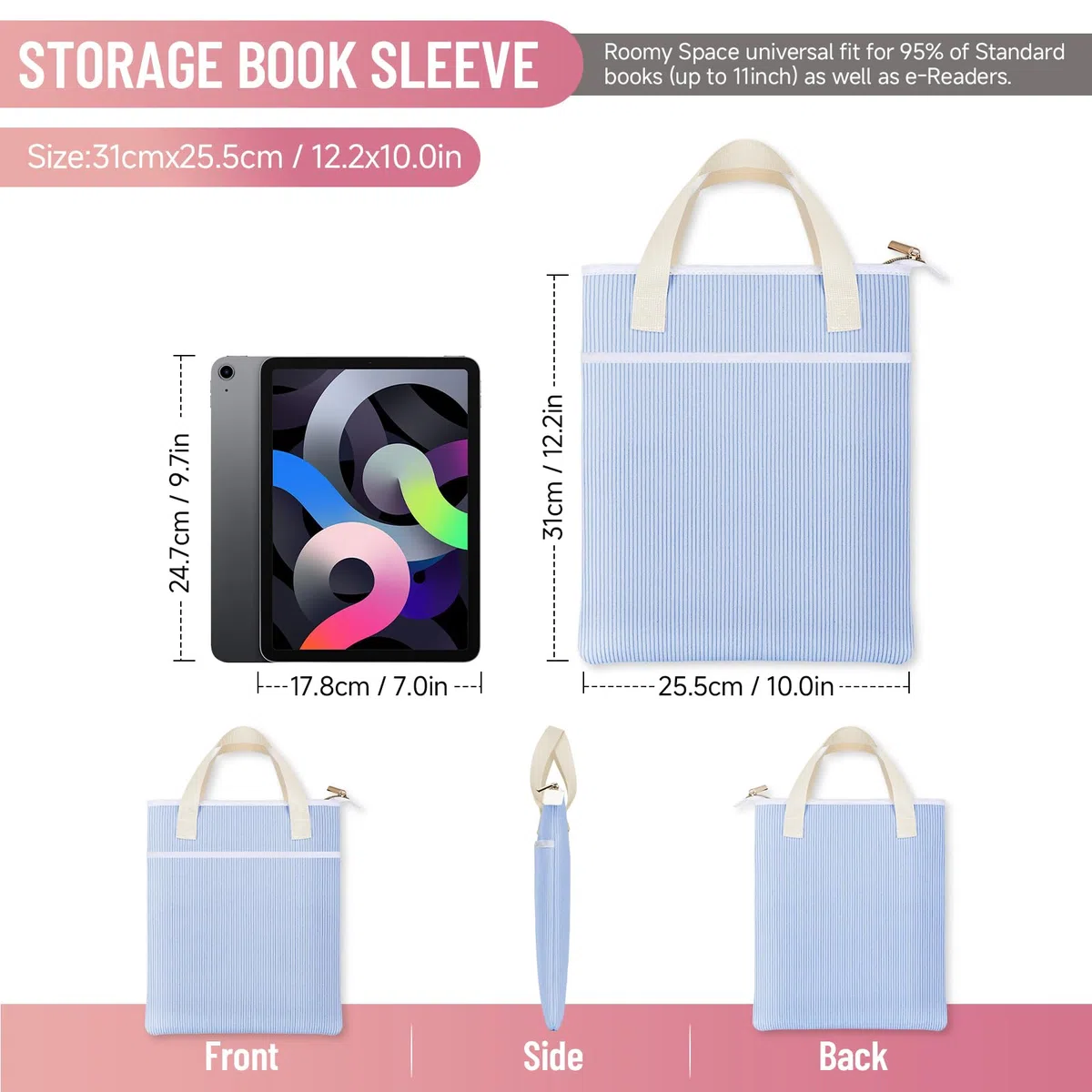 31 x 26 cm Bolsa Funda para Libro Lectura Organizador de Tejido de Pana Bolsillo Protector para Protección Libros Adaptable a Cualquier Grosor Y Bolsillo Adicional Regalo Cumpleaño Amiga Niñas(Beige)
