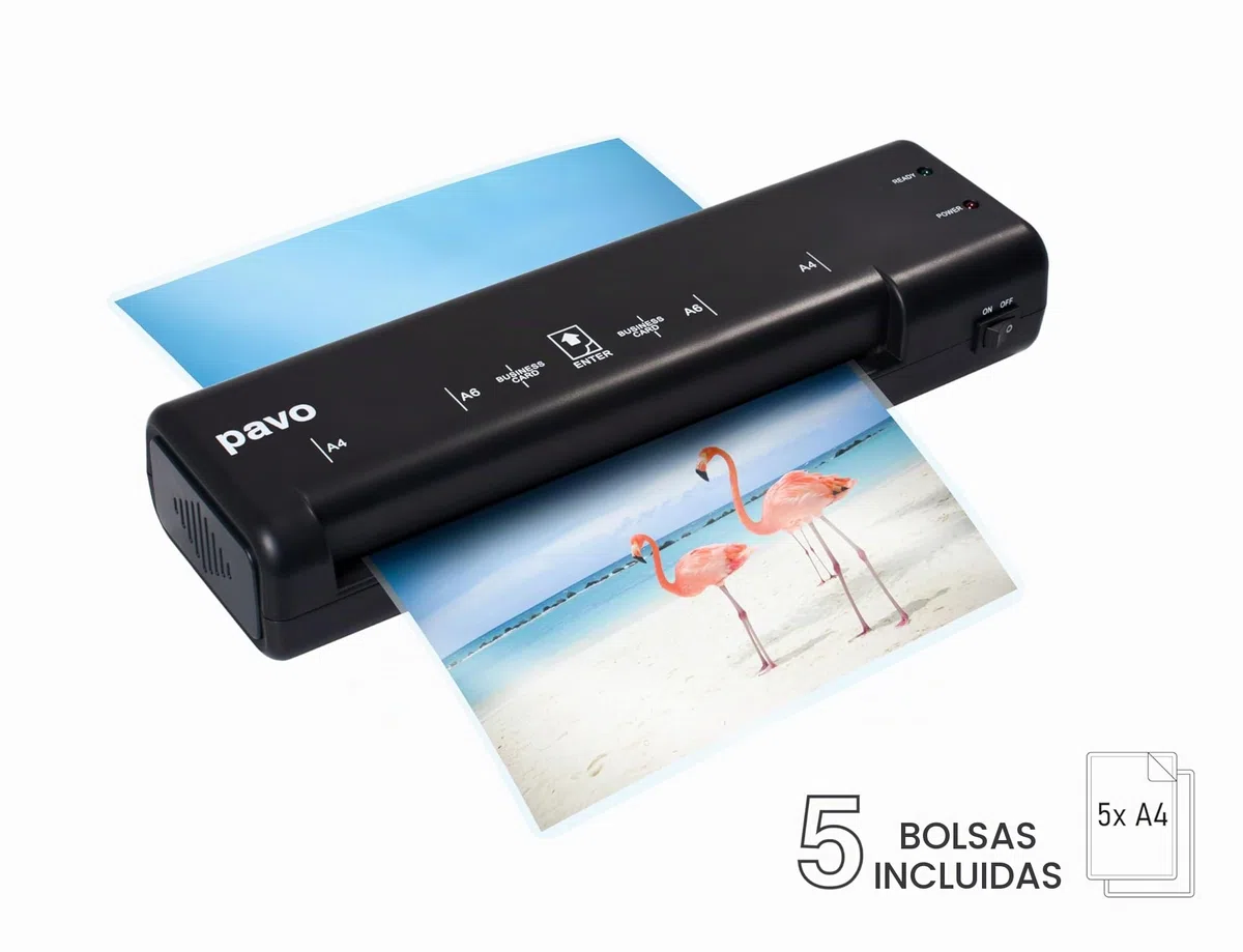 Pavo - Premium Plastificadora A4, Incluye 5 fundas de plastificar A4, 8038718