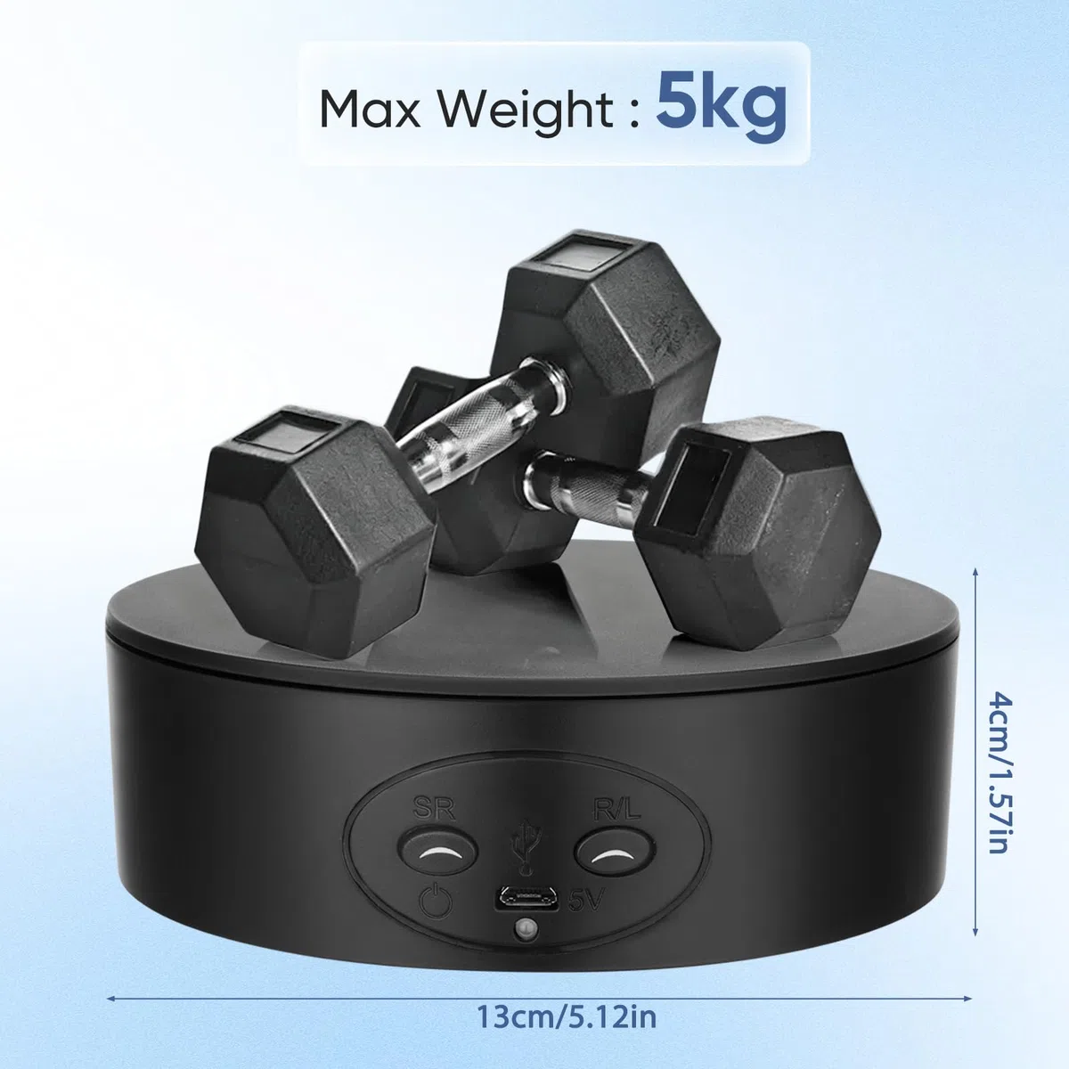 Plataforma Giratoria Eléctrica, Base Giratoria Eléctrica de 360 Grados (13 cm, 5 kg). Mesa para Fotografía de Productos, Exposiciones, Juguetes y Joyería. Alimentación por Batería o USB