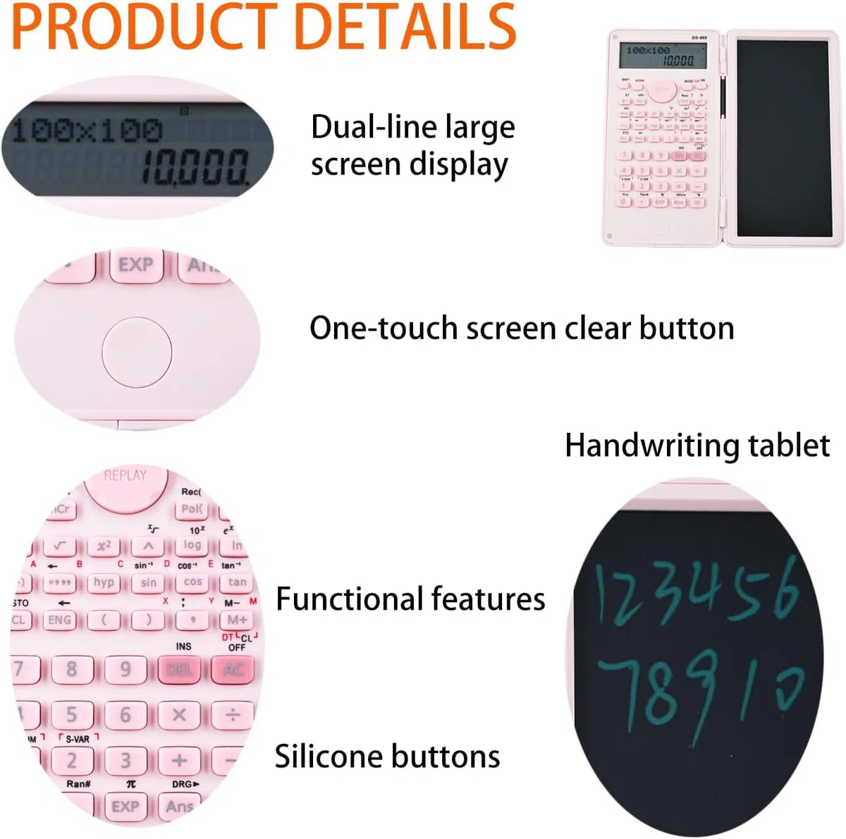 DS-869 Calculadora científica de 240 Funciones con Bloc de Notas,Calculadora científica de ingeniería de Doble función,con bolígrafo electrónico y Pantalla 10+2,para Estudiantes y oficinas(Rosa)