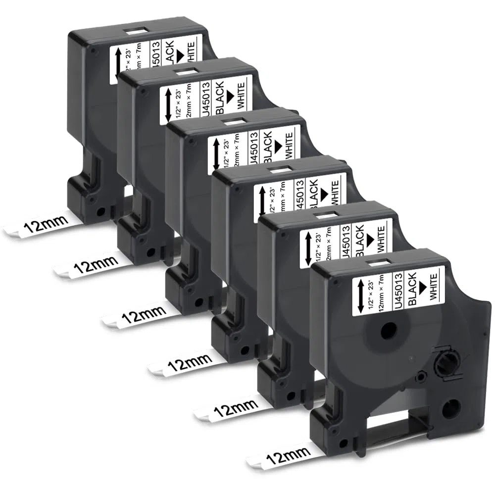UniPlus Cintas de Etiquetas Compatible para Dymo D1 45013 S0720530 A45013 Cartucho para LabelManager 160 210D 260P 280 500TS LabelPoint 150 250 LabelWriter 450 Duo 12mm x 7m Negro sobre Blanco 6-Pack