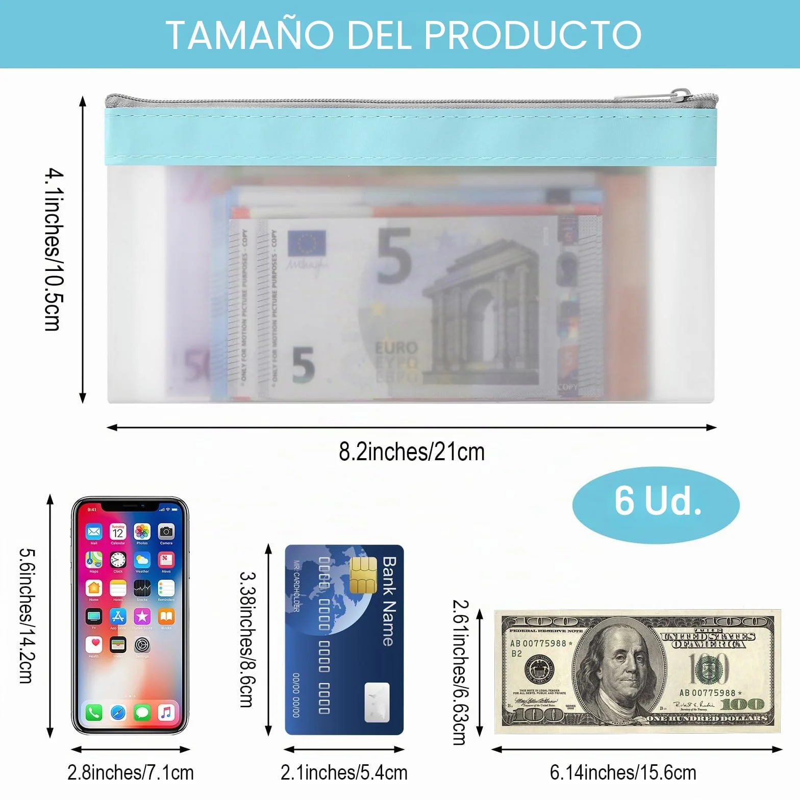 6 Piezas Bolsas de Dinero con Cremallera Bolsa de Dinero Sobres de Efectivo Bolsa de Banco Organizador de Dinero Transparente Organizador de Efectivo Multiusos para Cheques Recibos 19,3 x9,4 cm