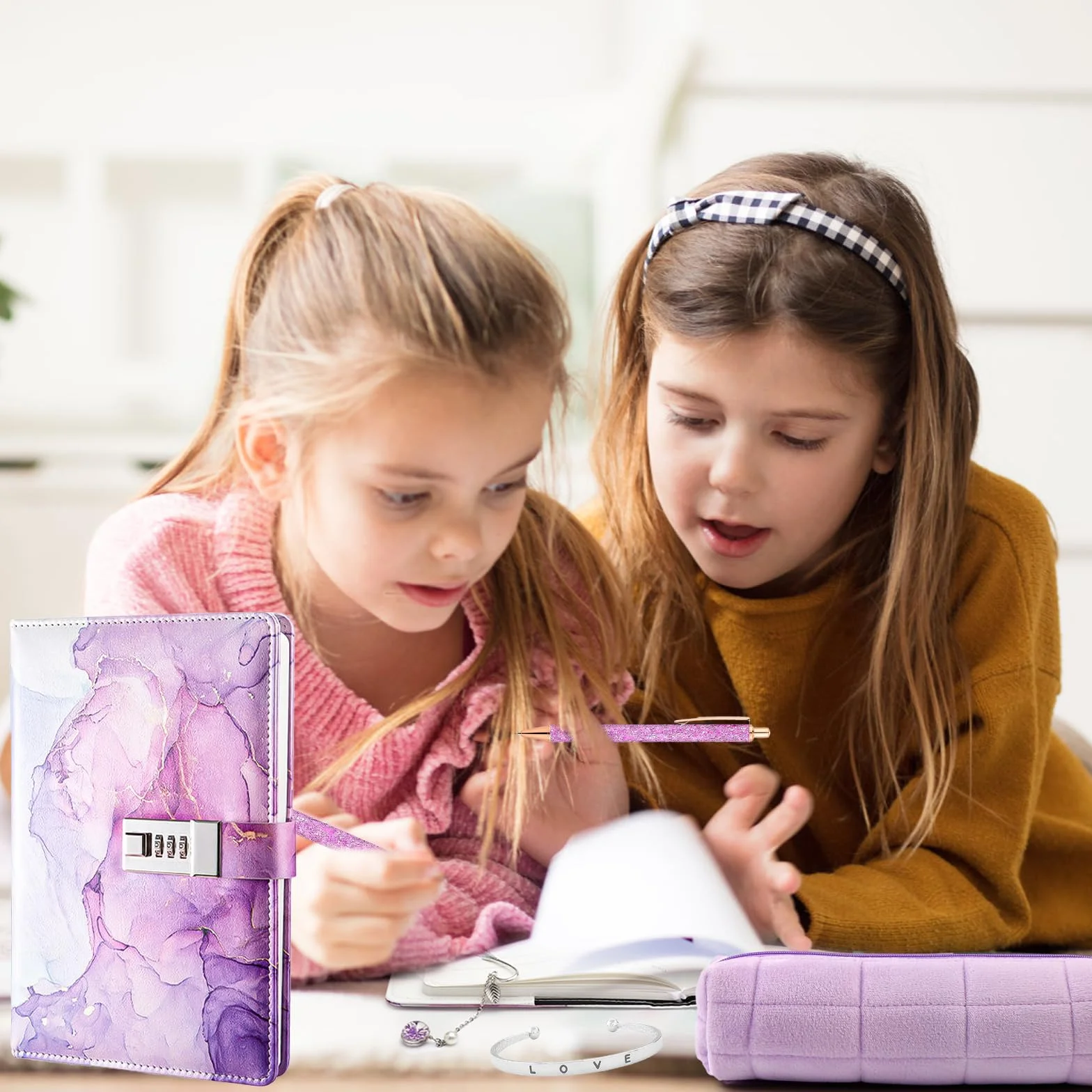 TNSLAND Juego de Papelería Morado, Agenda con Cierre Regalo de Entrada con Marcapáginas Caja de Papelería Bolígrafo Pulsera, Regalos para Niñas de 7 8 9 10 11 12 13 14 Años