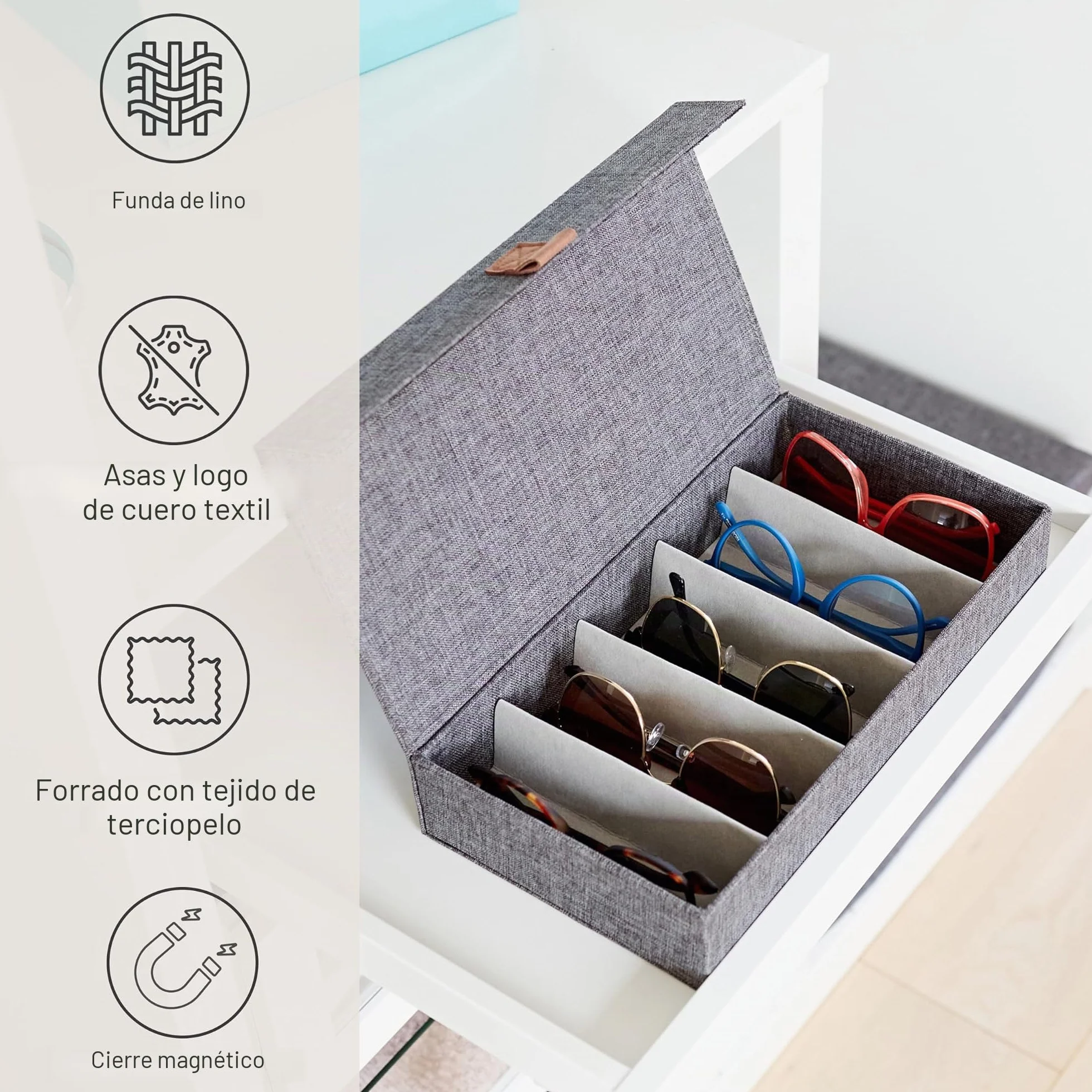 Love IT Store IT Premium Caja de Almacenamiento para Gafas – Caja de Gafas de Lino, Interior de Terciopelo – Reforzada con Madera – con 5 Compartimentos – Gris – 30 x 17 x 6 cm