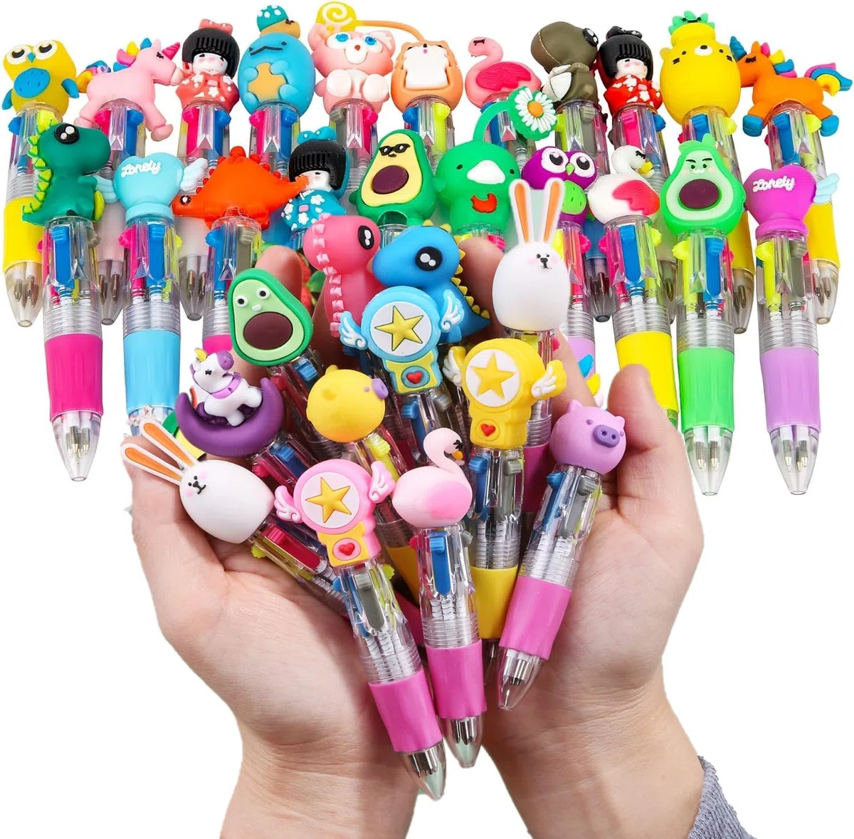 KAHEIGN 32 Piezas 4 En 1 Bolígrafo Multicolor de Dibujos Animados, 10CM Lindo Retráctil de Punta Gruesa 0,7mm para Estudiantes Niños Regalo Fiesta Bolsa Rellenos