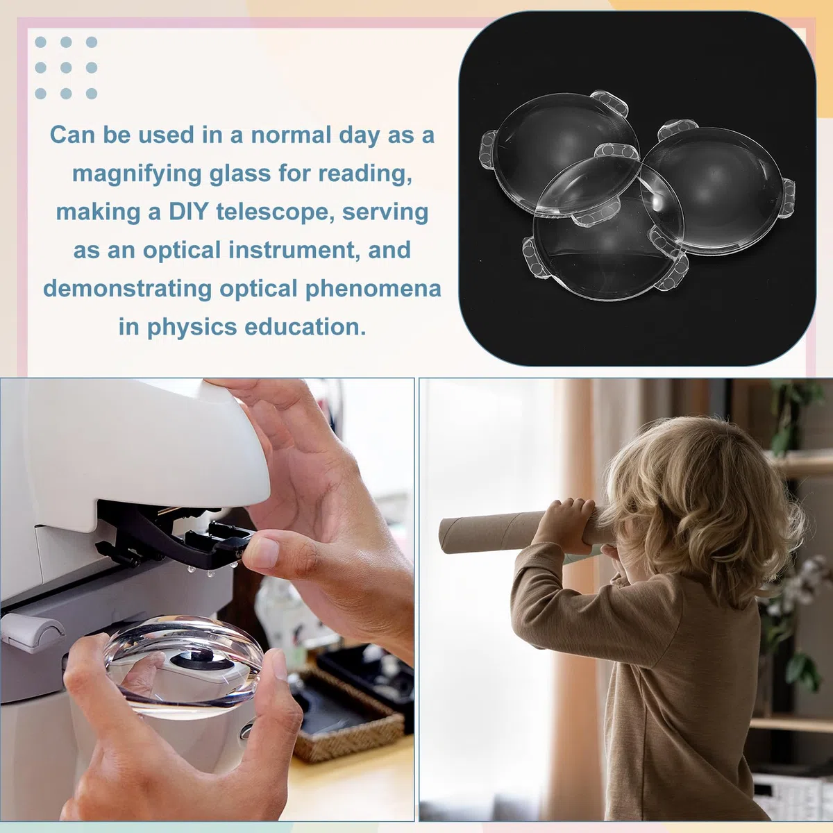 PATIKIL 15 Piezas Lente Biconvexa, 34mm Diá. 42mm Distancia Focal Lentes Ópticos Asféricos Lupa Pisapapeles Acrílico Doble Convexo Para DIY Oficina Hogar Experimento Ciencia Telescopio