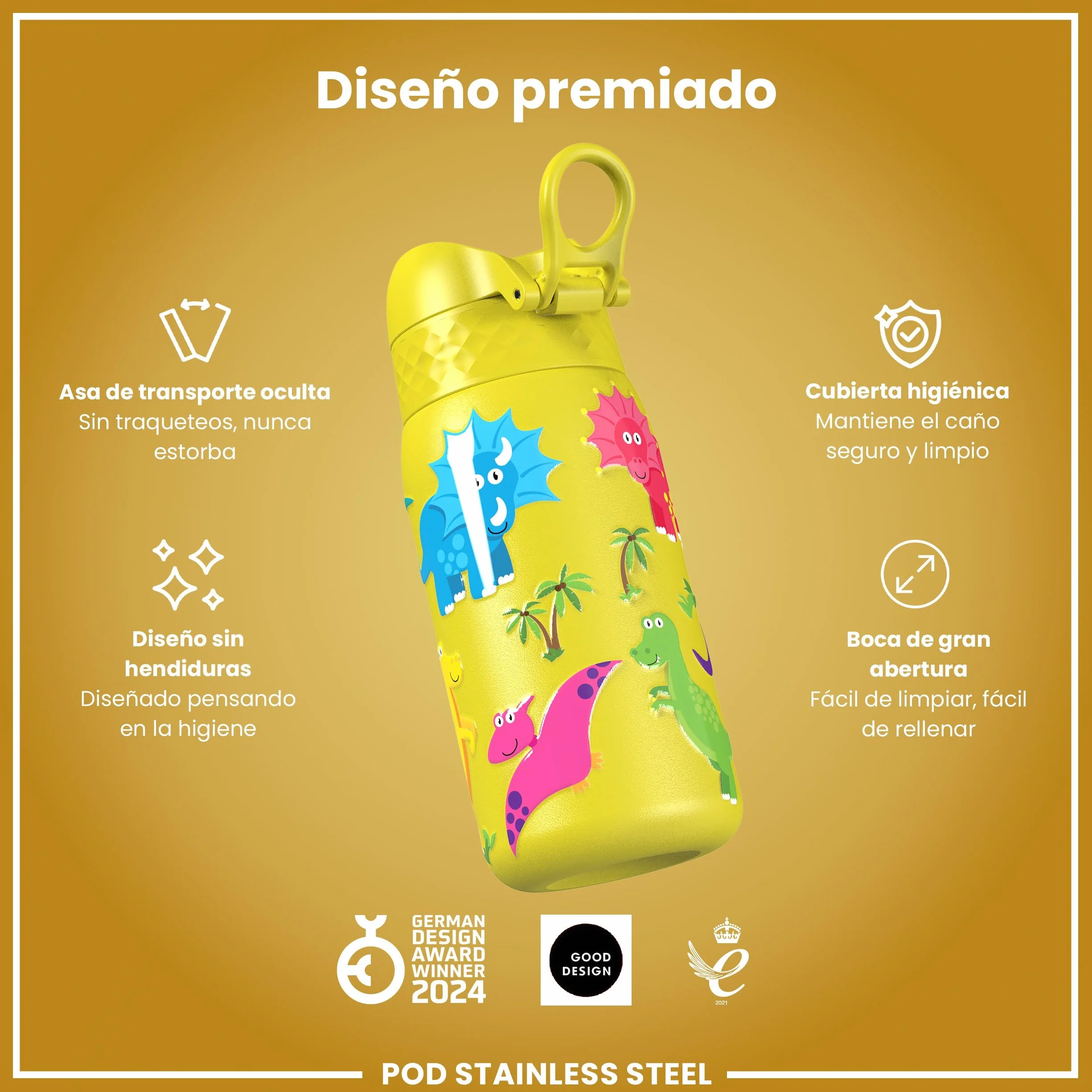 ion8 Botella Agua Inox Ligero para Niños 400ml Sin Aislamiento a Prueba de Fugas Fácil de Abrir Cerradura Segura Apta para Lavavajillas Tapa Abatible Dinosaurios
