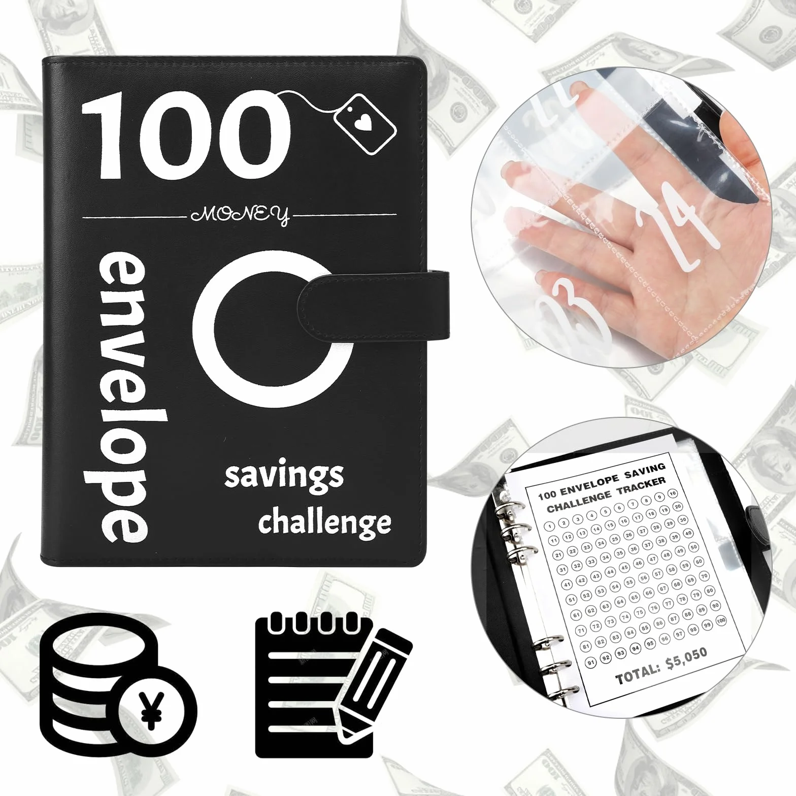 Envelope Challenge Binder: Divertida carpeta presupuestaria para ahorrar €5,050 con sobres de dinero, desafío para planificadores de presupuestos (negro)